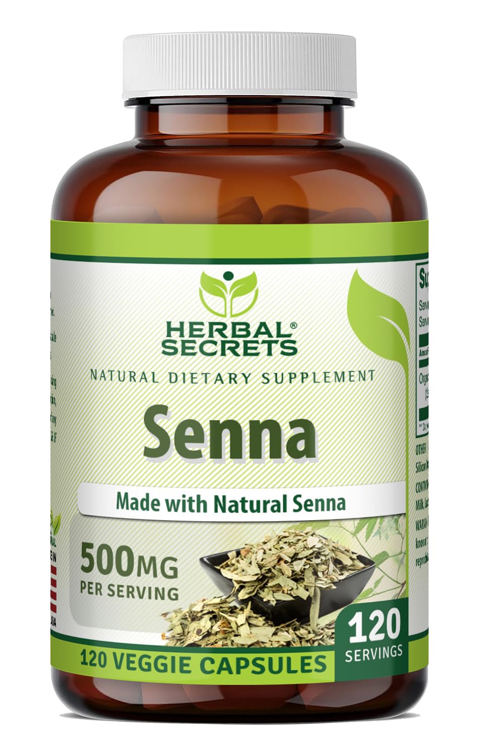 Herbal Secrets Sénna 500 mg dans une bouteille, pratique quotidienne.