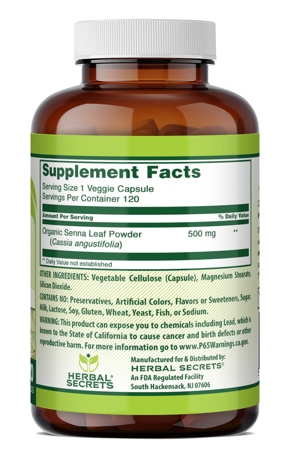 Capsules végétales Herbal Secrets Sénna 500 mg faciles à avaler.