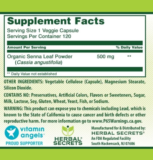 Ingrédients naturels Herbal Secrets Sénna 500 mg pour une routine simple.