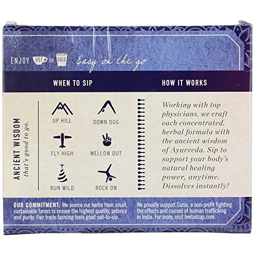 Herbal Zap sachet se dissolvant dans eau chaude ou froide, pratique en déplacement.