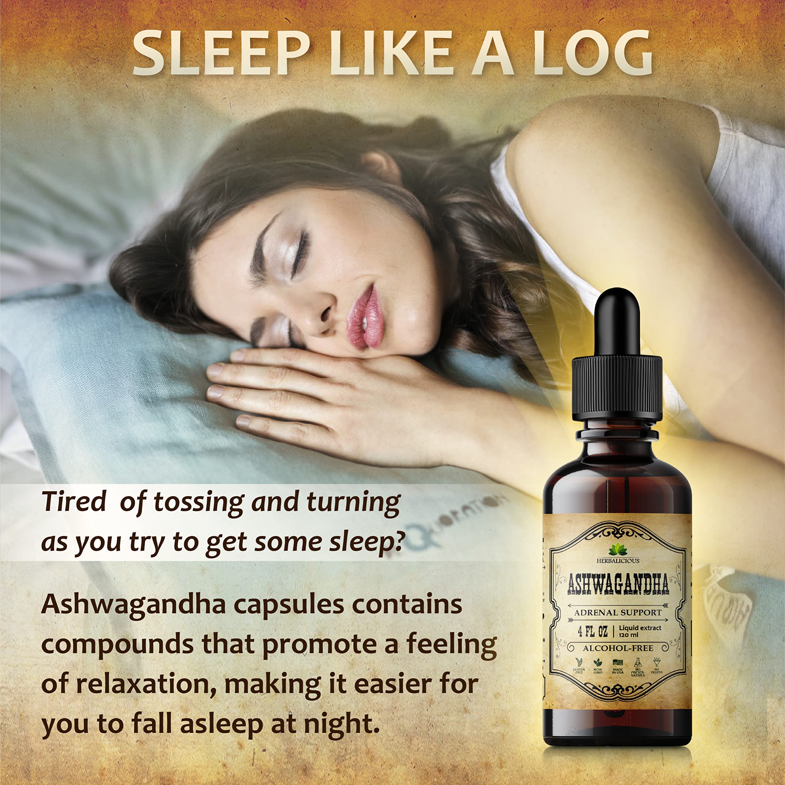 HERBALICIOUS Ashwagandha étiquette bio, option biologique et végan.