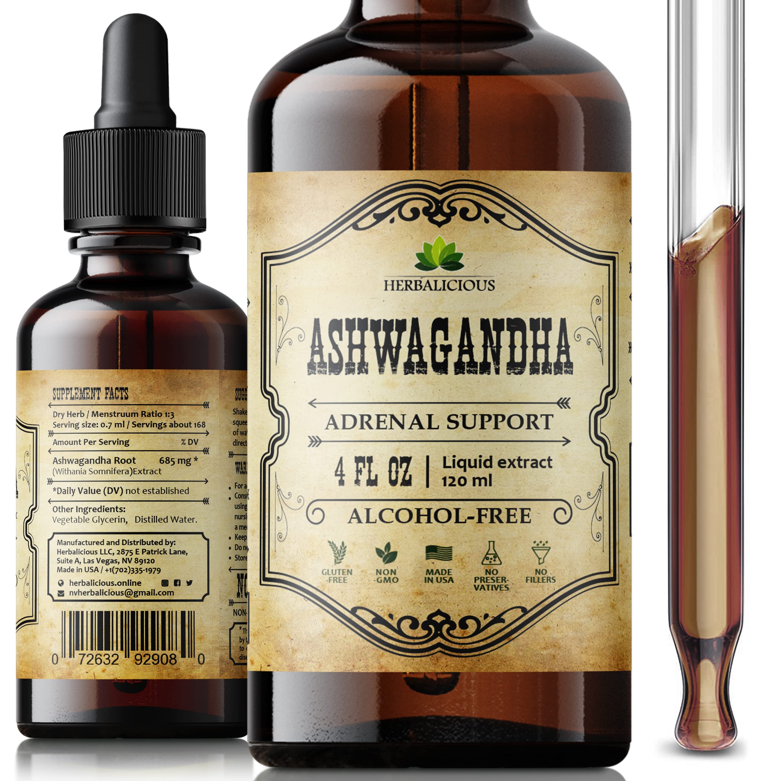 HERBALICIOUS Ashwagandha gouttes bouteille, soutien potentiel au stress et à l’équilibre.