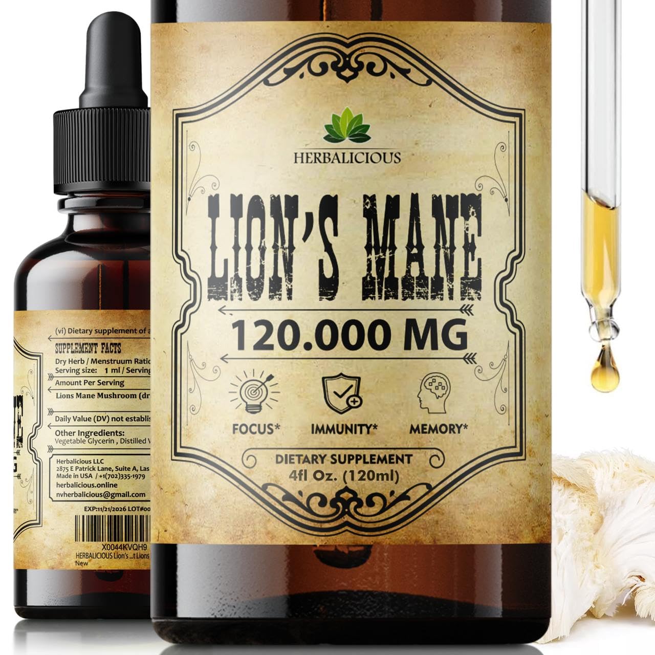 Herbalicious Extrait Crinière de Lion — bouteille de 4 onces, soutien cognitif potentiel.