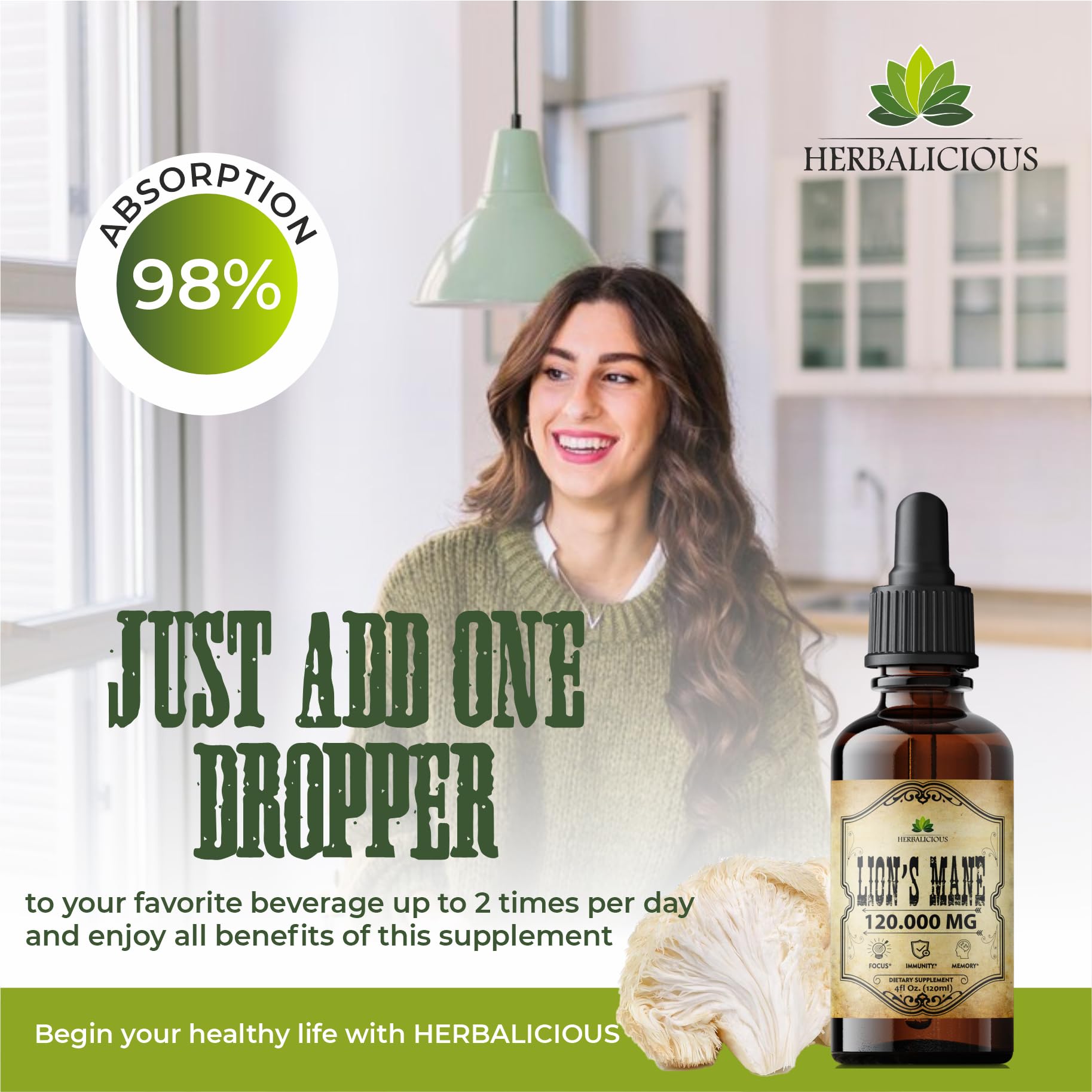 Emballage Herbalicious Crinière de Lion — pratique et sûr pour les routines quotidiennes.