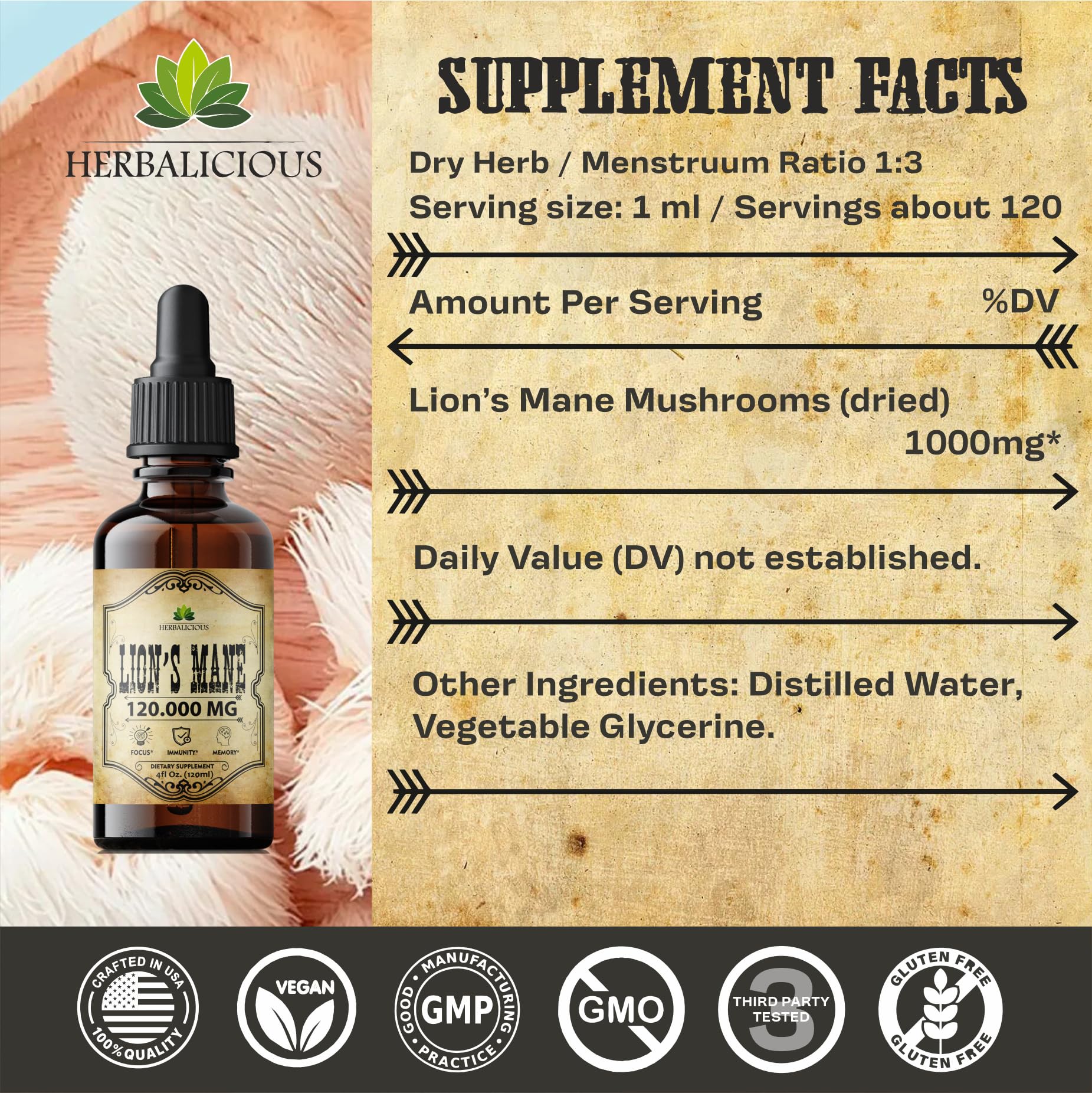 Ingrédients premium et biologique Herbalicious Crinière de Lion — qualité visibles.