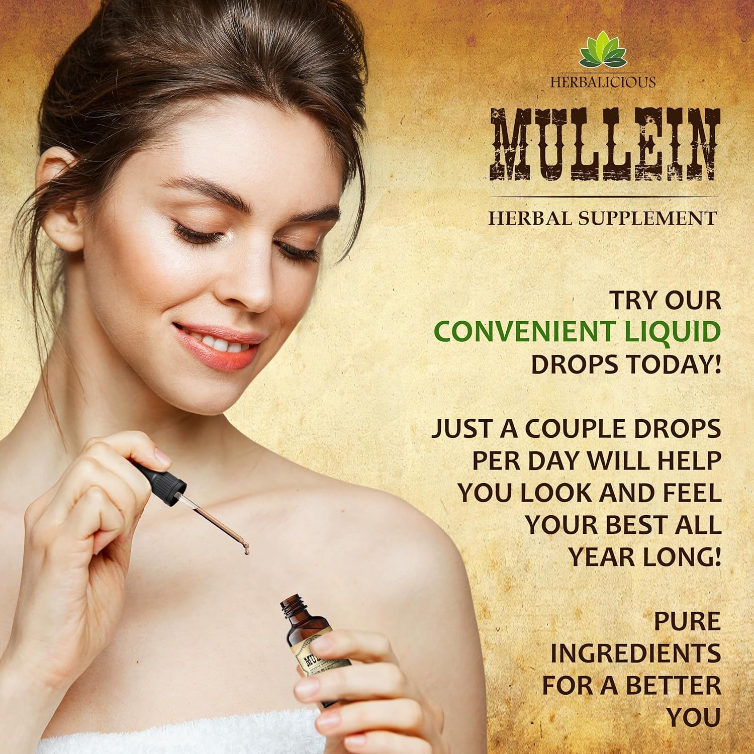 HERBALICIOUS Gouttes Molène – Ingrédients naturels visibles pour une formule pure.