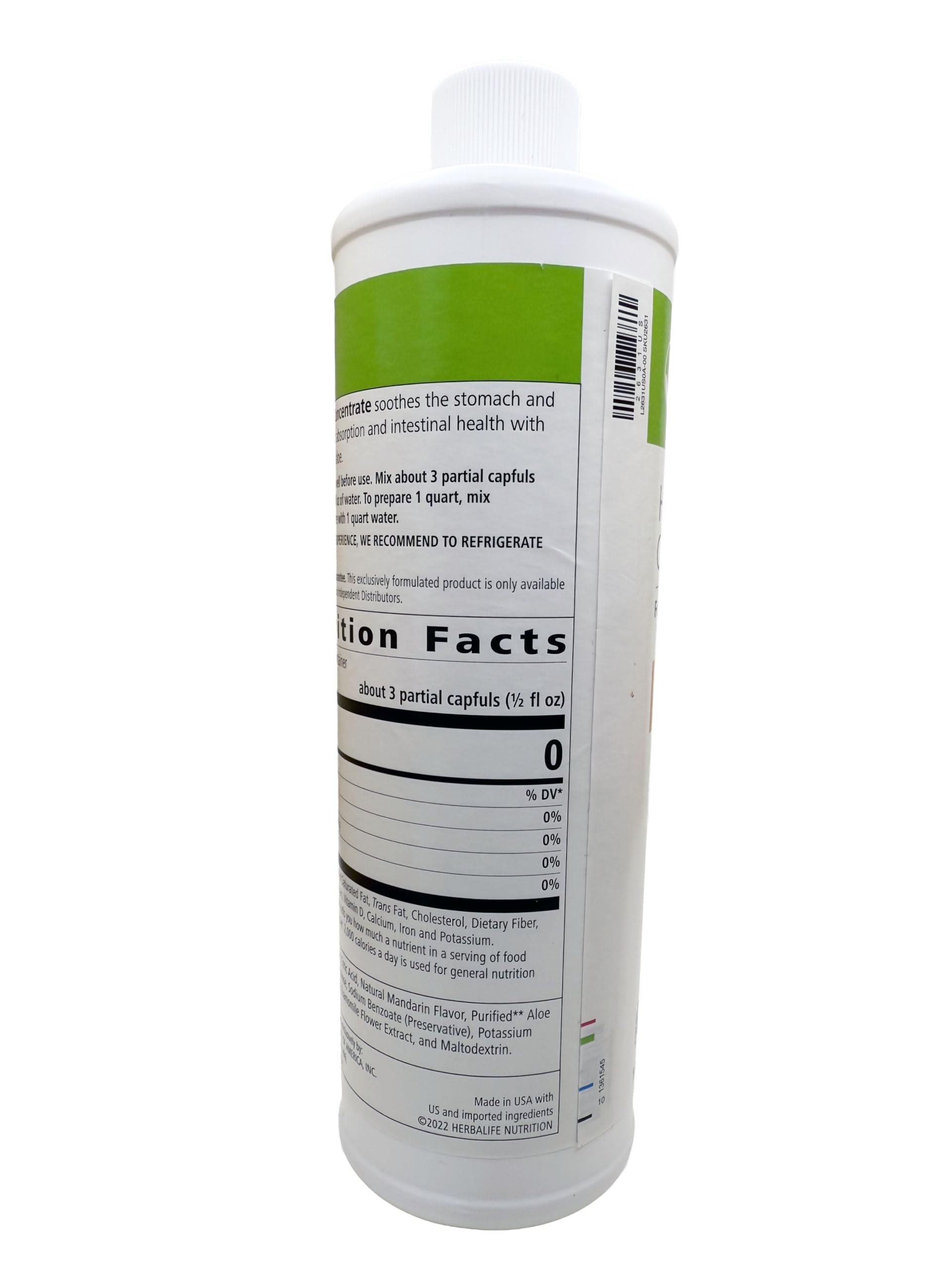 Herbalife Aloe Mandarine, étiquette ingrédients indique 0 calories et sans gluten.