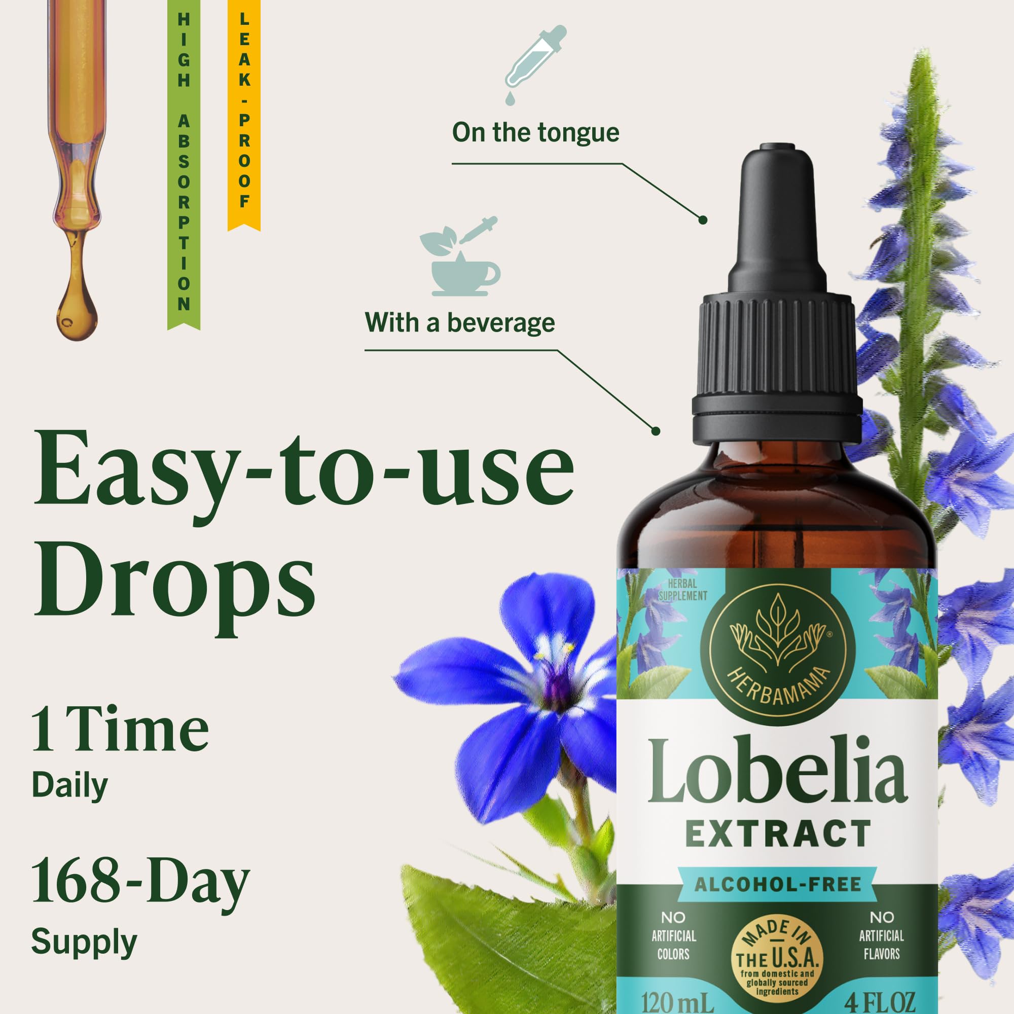 Absorption rapide des gouttes Lobelia Herbamama dans les premiers instants.