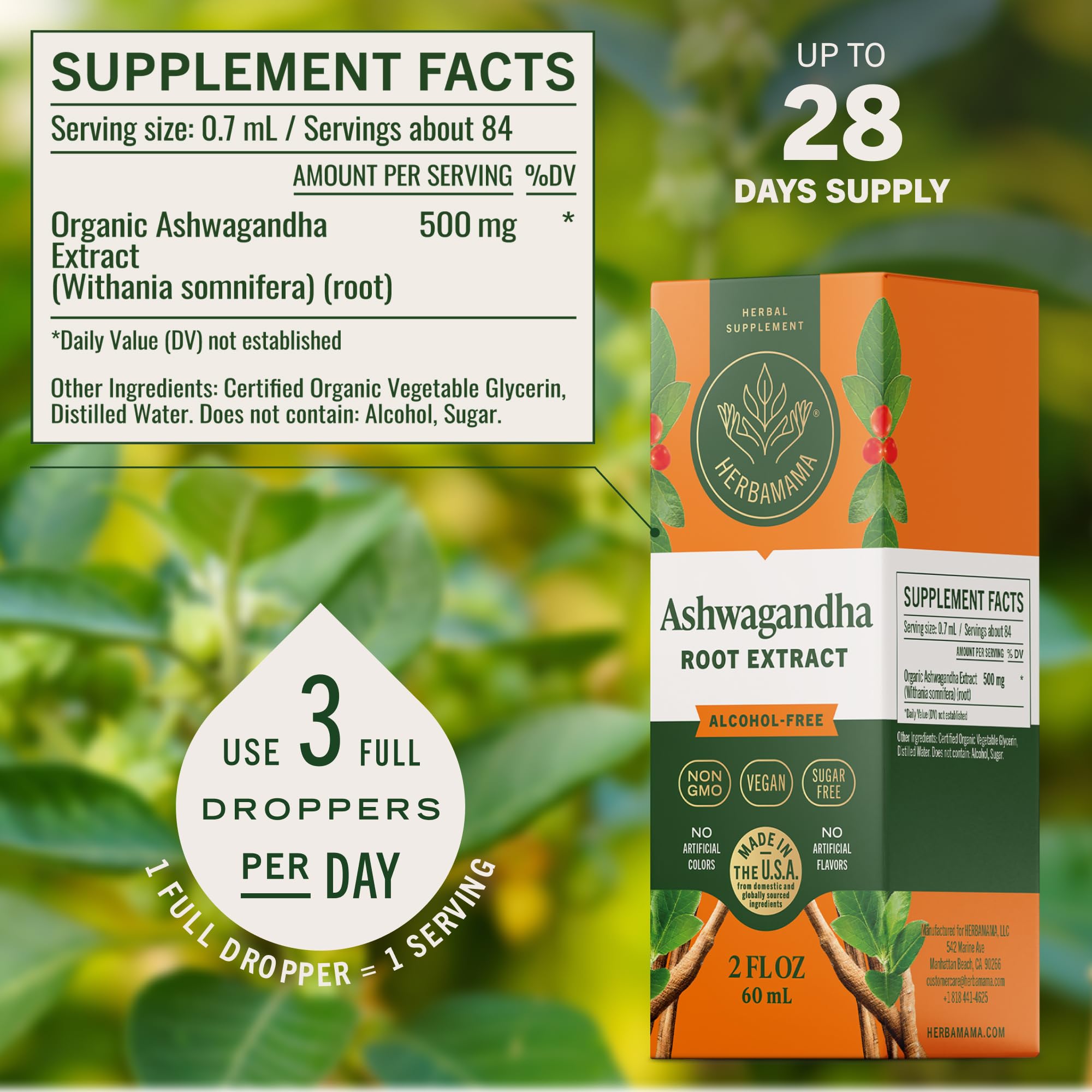 Gouttes d'Ashwagandha Herbamama: absorption rapide et effet apaisant potentiel.
