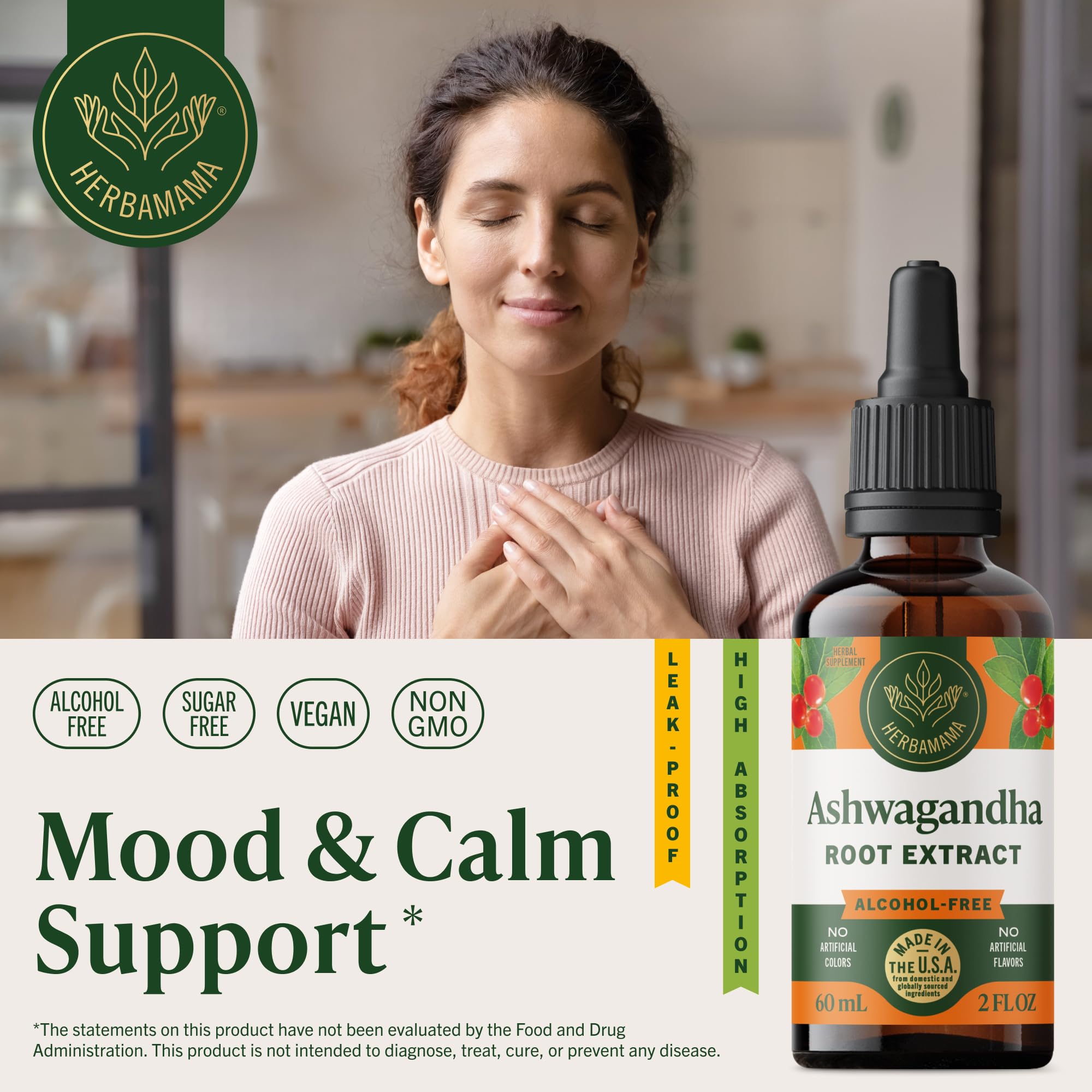 Herbamama Ashwagandha: ingrédients simples et formule vegan sans alcool.