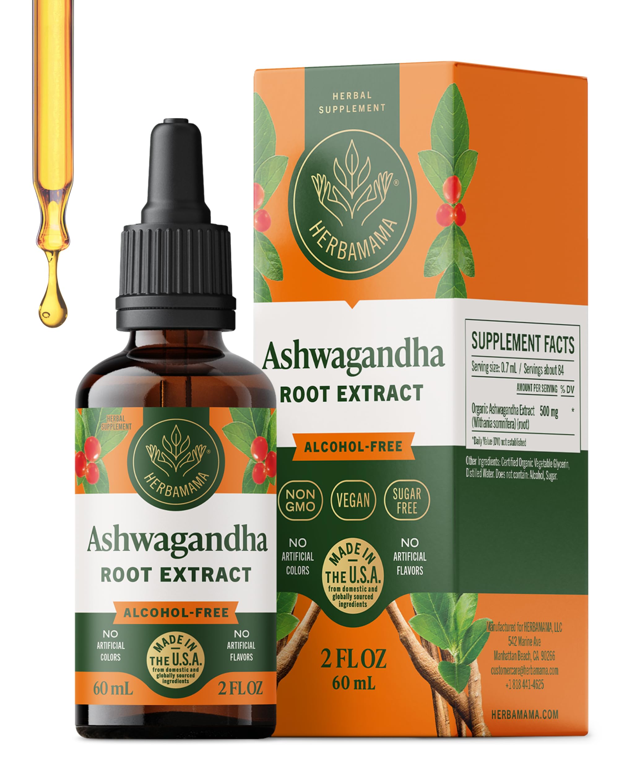 Herbamama Ashwagandha gouttes: flacon et compte-gouttes, soutien calme.