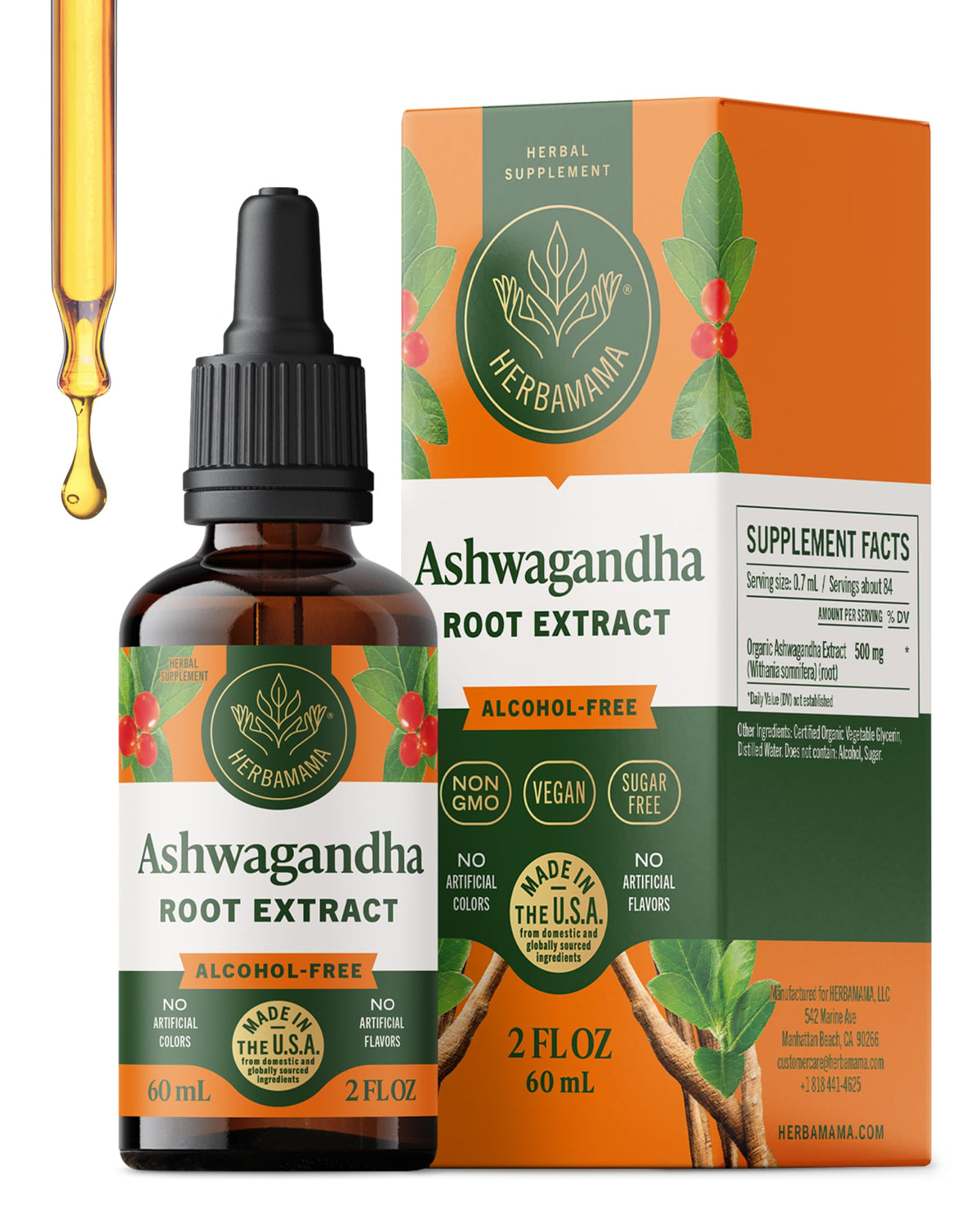 Herbamama Ashwagandha gouttes: flacon et compte-gouttes, soutien calme.