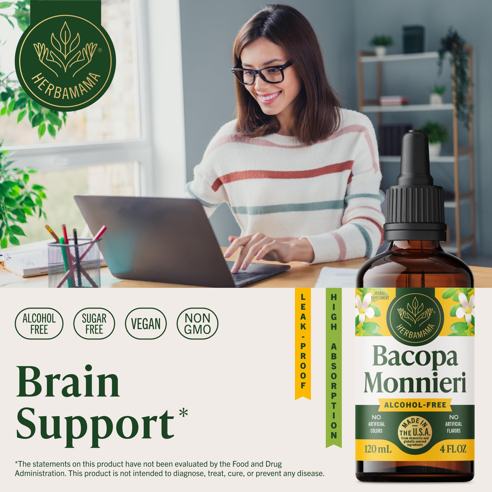 HERBAMAMA Bacopa Monnieri – gouttes à absorption rapide pour une action cognitive potentielle