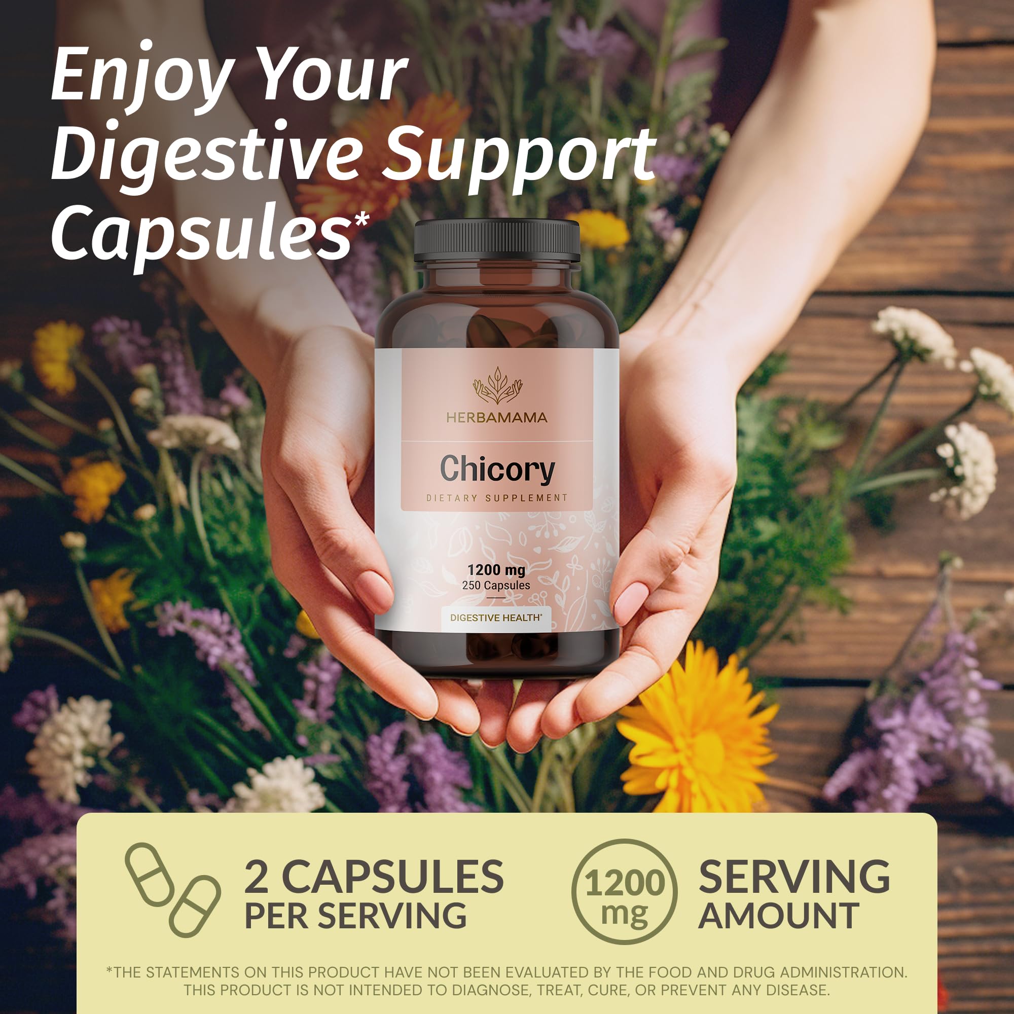Capsules HERBAMAMA fibre-chicorée sur table, solution pratique pour la digestion.