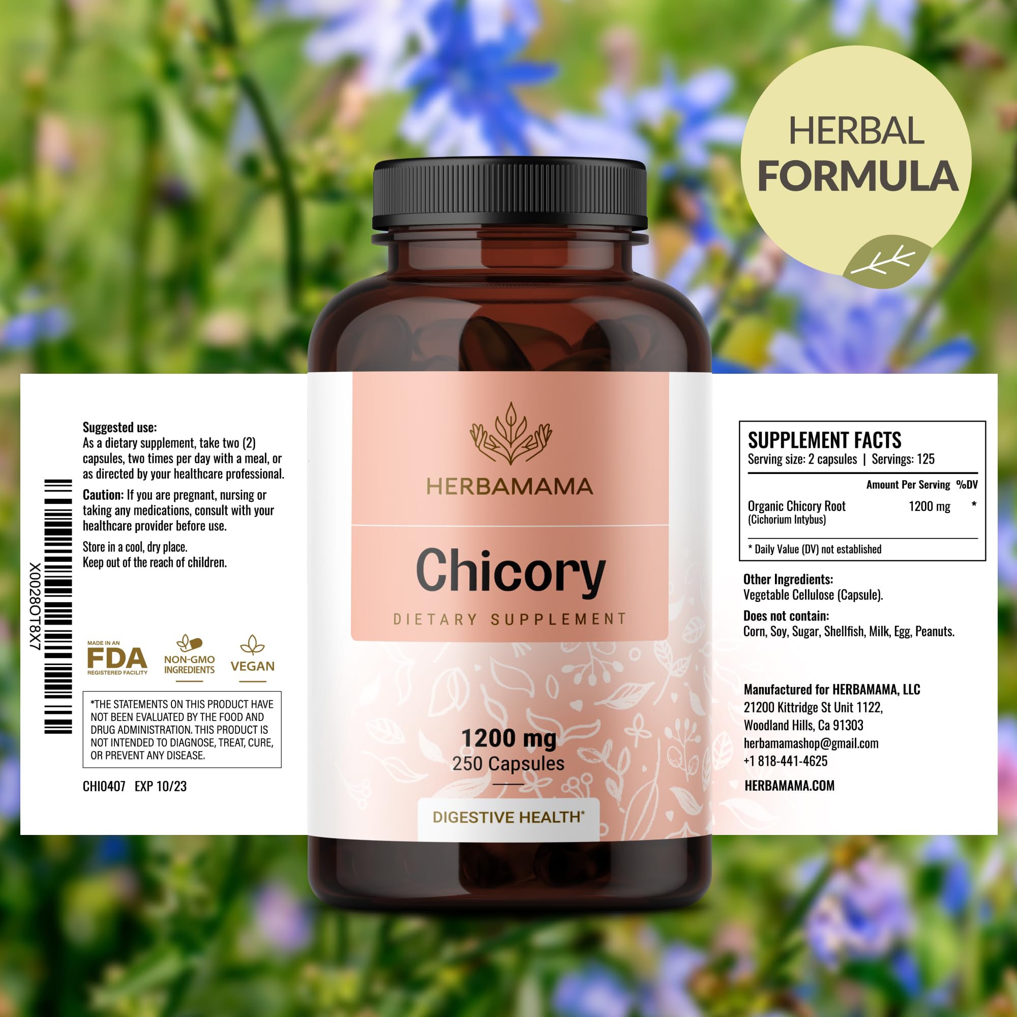 HERBAMAMA capsules-fibre-chicorée végétales, composition simple et naturelle pour la digestion.