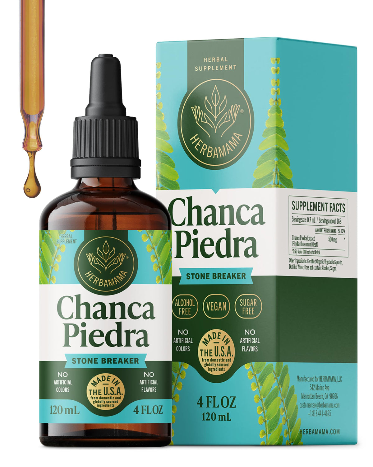 HERBAMAMA Chanca Piedra, bouteille vue face, soutien naturel du système urinaire.