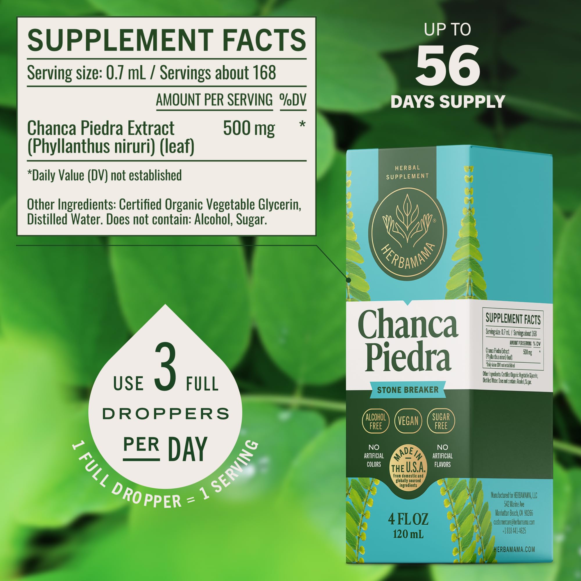 HERBAMAMA Chanca Piedra, pipette dispense, dosage précis pour routine quotidienne.