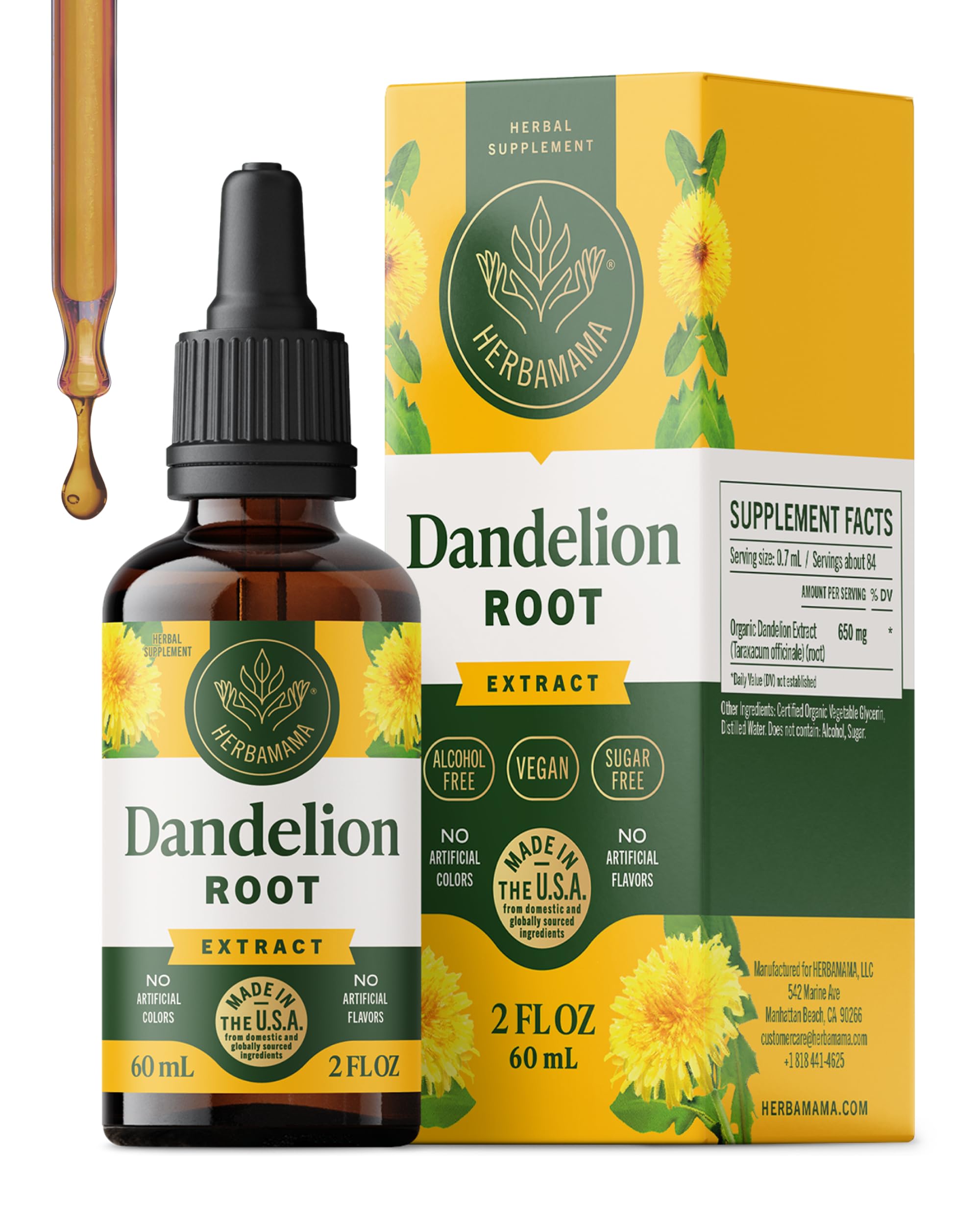 HERBAMAMA Dandelion Root Tincture - bouteille: soutien hépatique naturel et antioxydant.