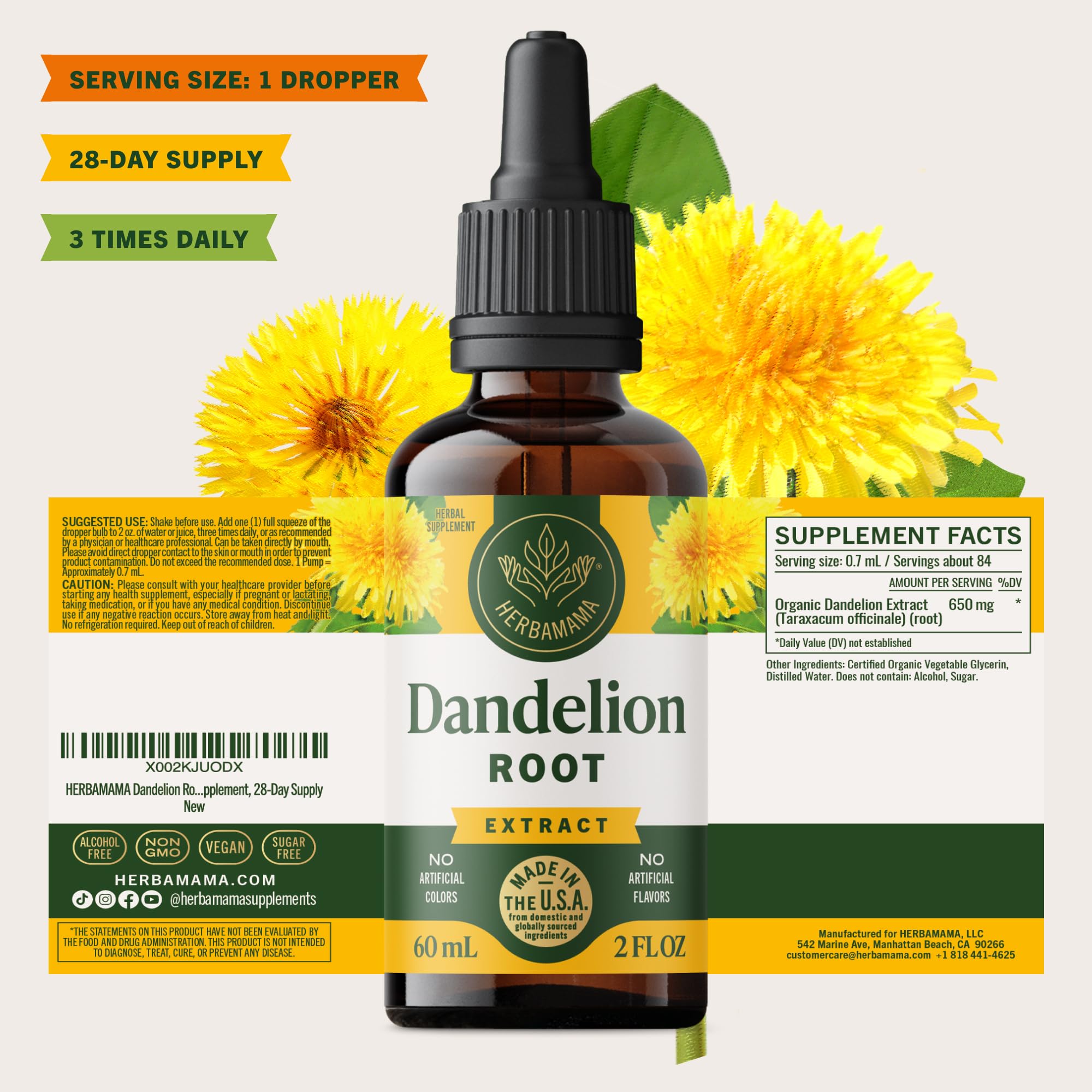 HERBAMAMA Dandelion Root Tincture - emballage: produit vegan et non-OGM.