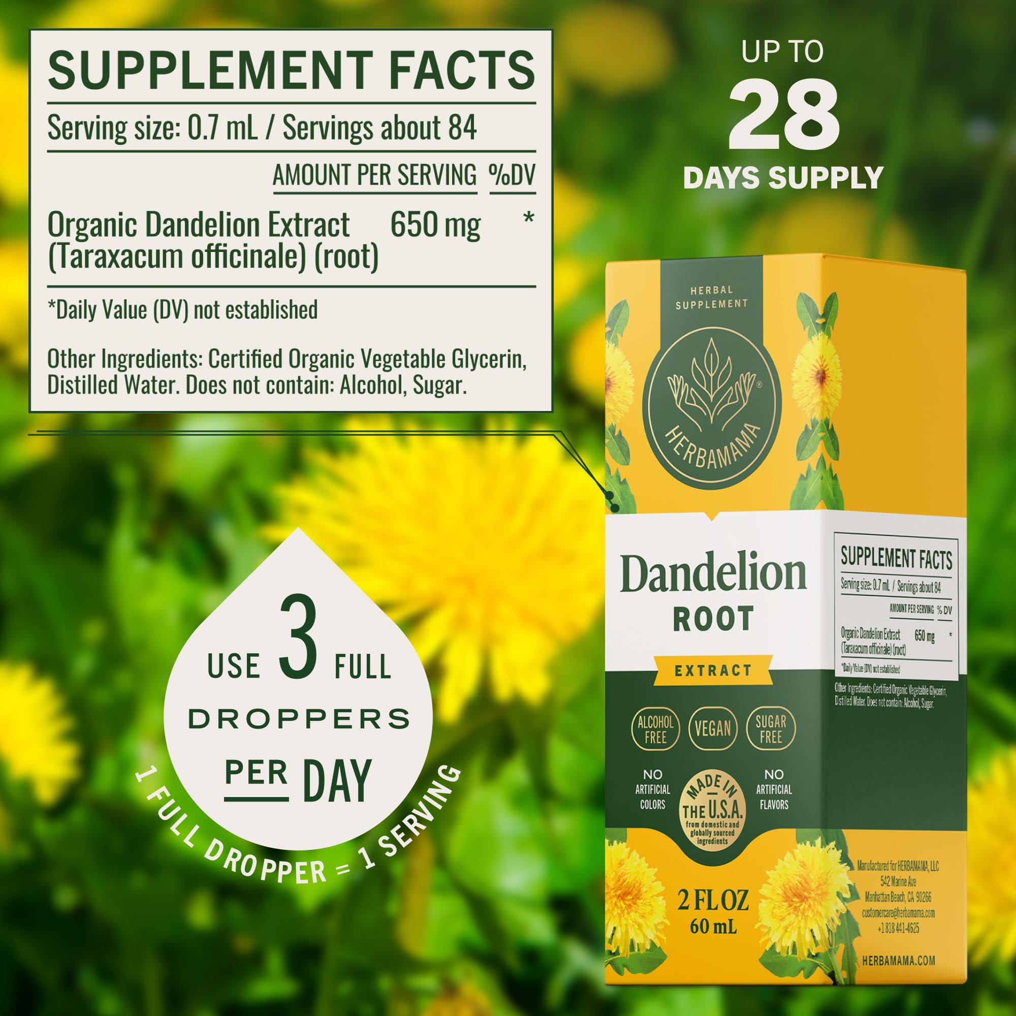 HERBAMAMA Dandelion Root Tincture - étiquette: composants simples et sans alcool.