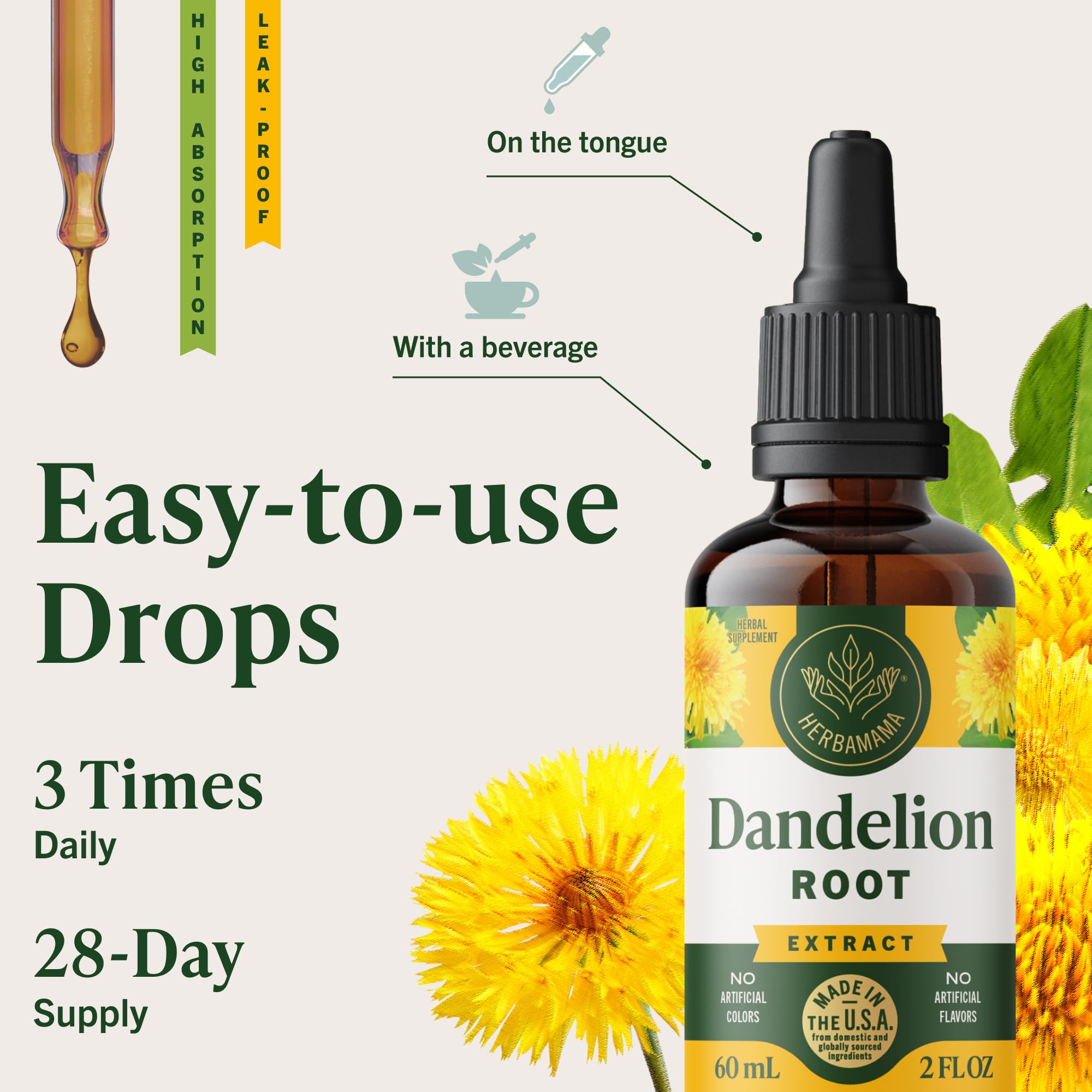 HERBAMAMA Dandelion Root Tincture - notice: utilisation quotidienne en trois fois.