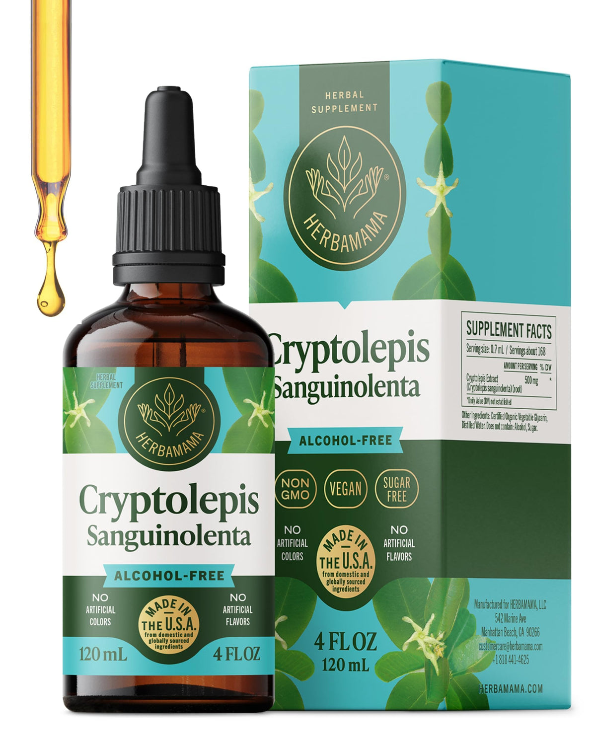 HERBAMAMA Teinture Cryptolepis présente une bouteille prête à l’emploi pour un soutien quotidien.