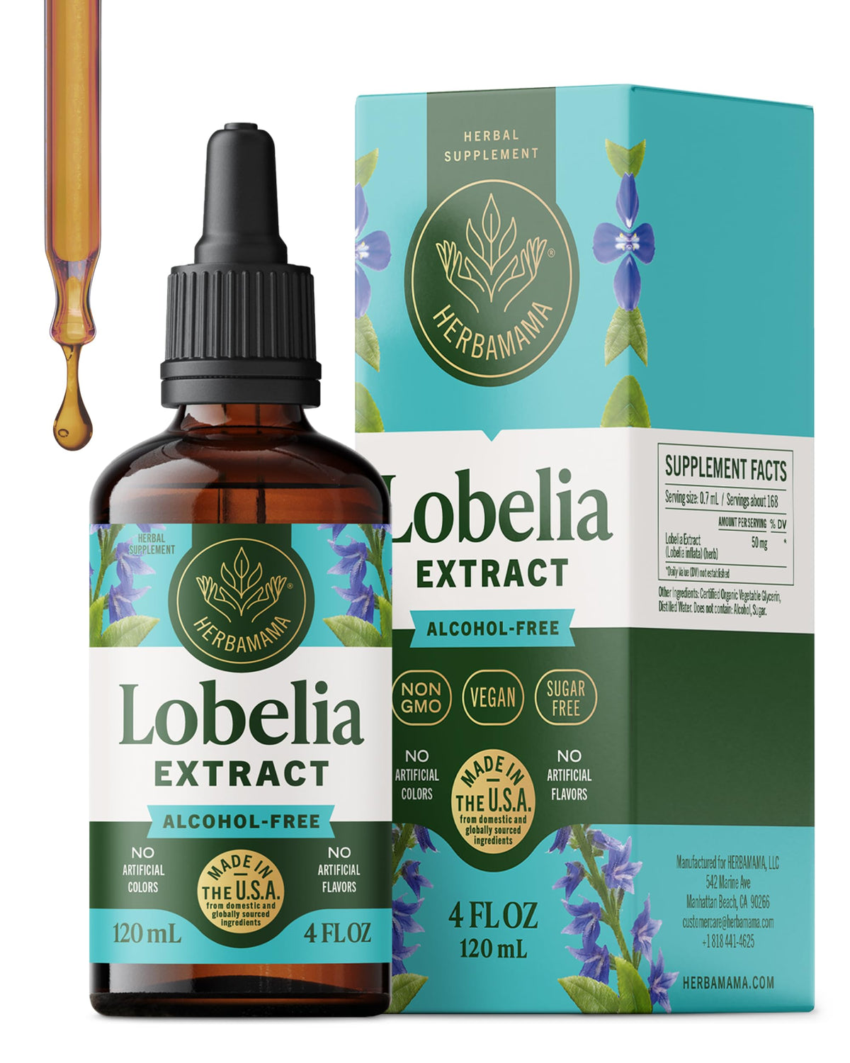 Bouteille Herbamama teinture Lobelia, soutien respiratoire quotidien.