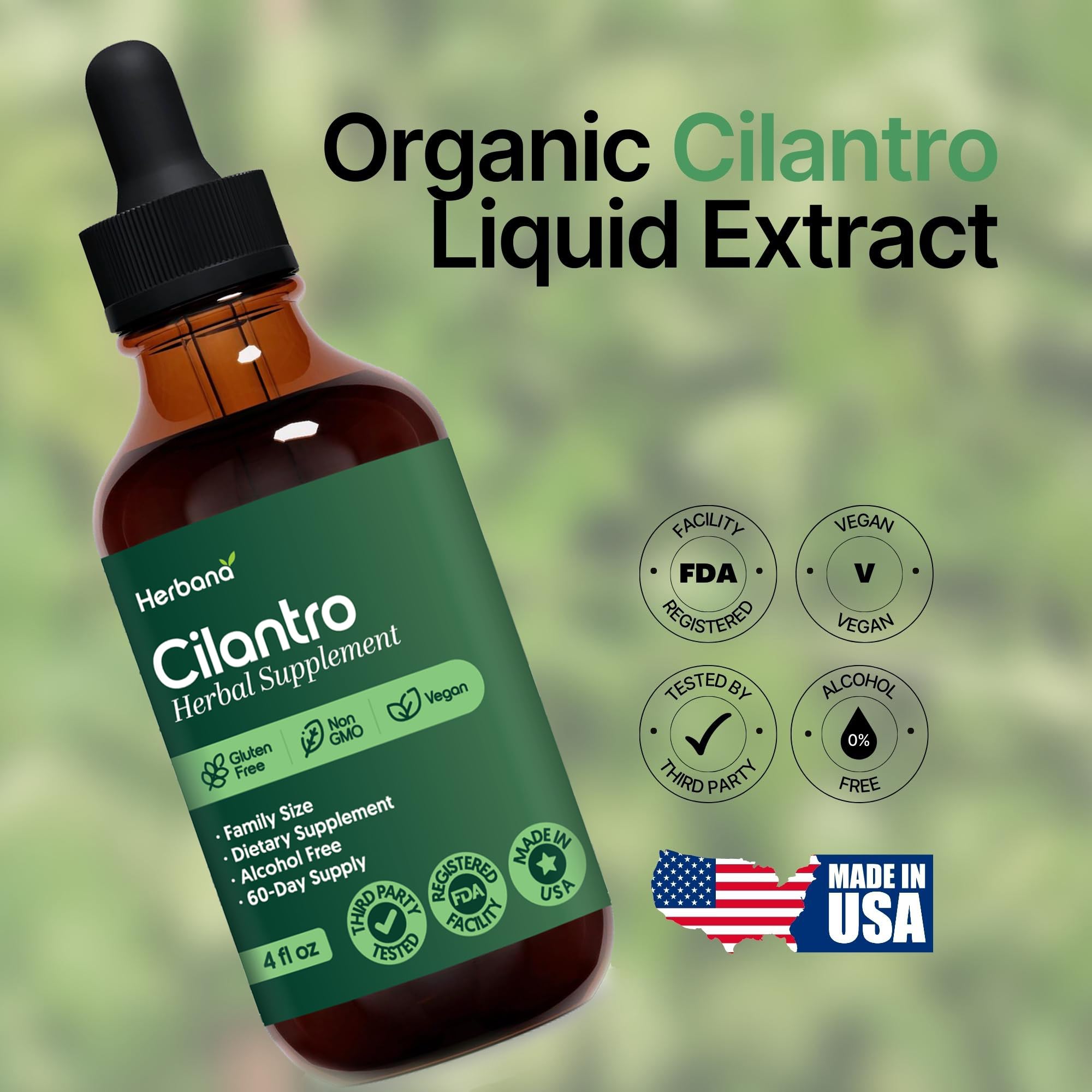 HERBANA coriandre extrait liquide: étiquette claire et origine USA mis en avant.
