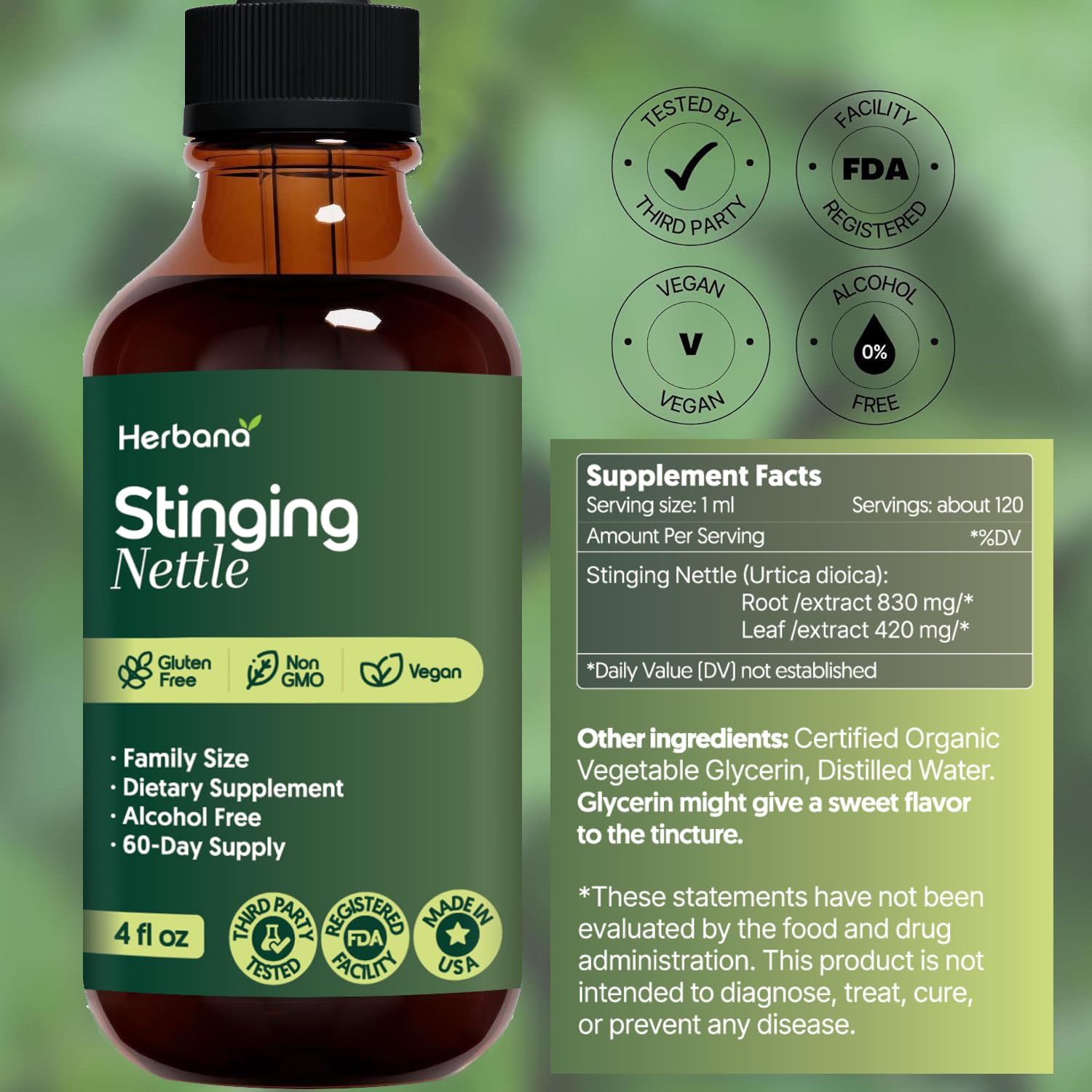 HERBANA Ortie – étiquette de bouteille, extrait biologique pour le soutien rénal.