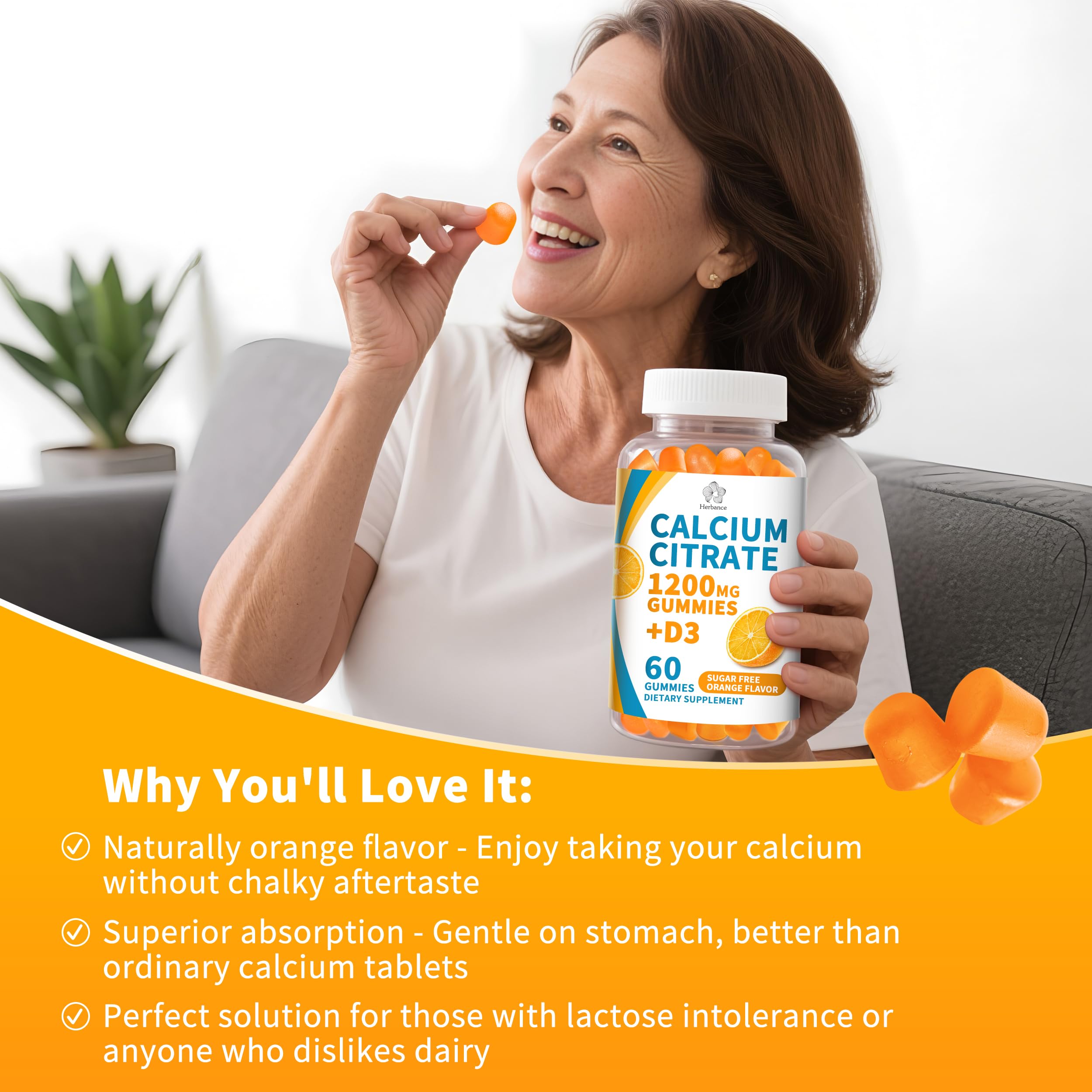Herbance Calcium Citrate Gummies gout orange, sans sucre et sans gluten