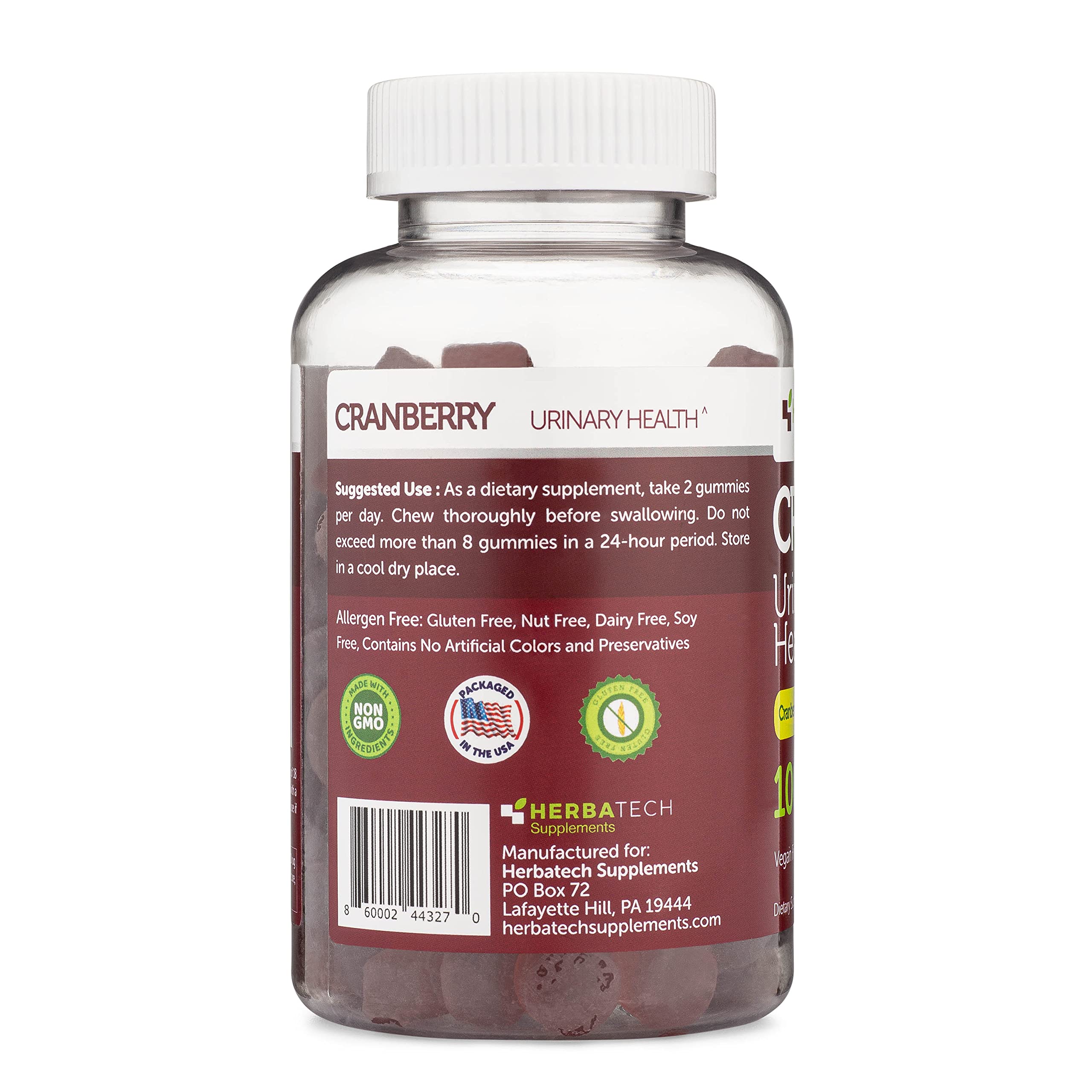 Emballage Cranberry Herbatech, produit fabriqué aux États-Unis pour une qualité contrôlée.