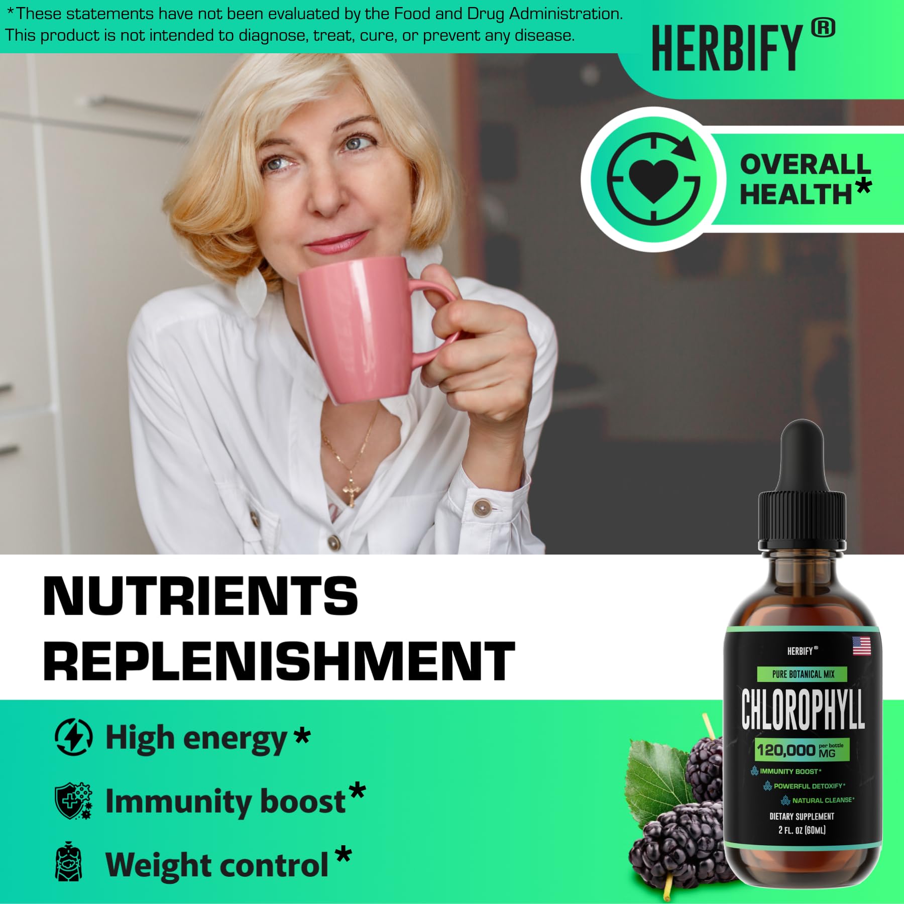 Flacon HERBIFY Chlorophylle avec étiquette fabriqué aux États-Unis, garantie qualité.