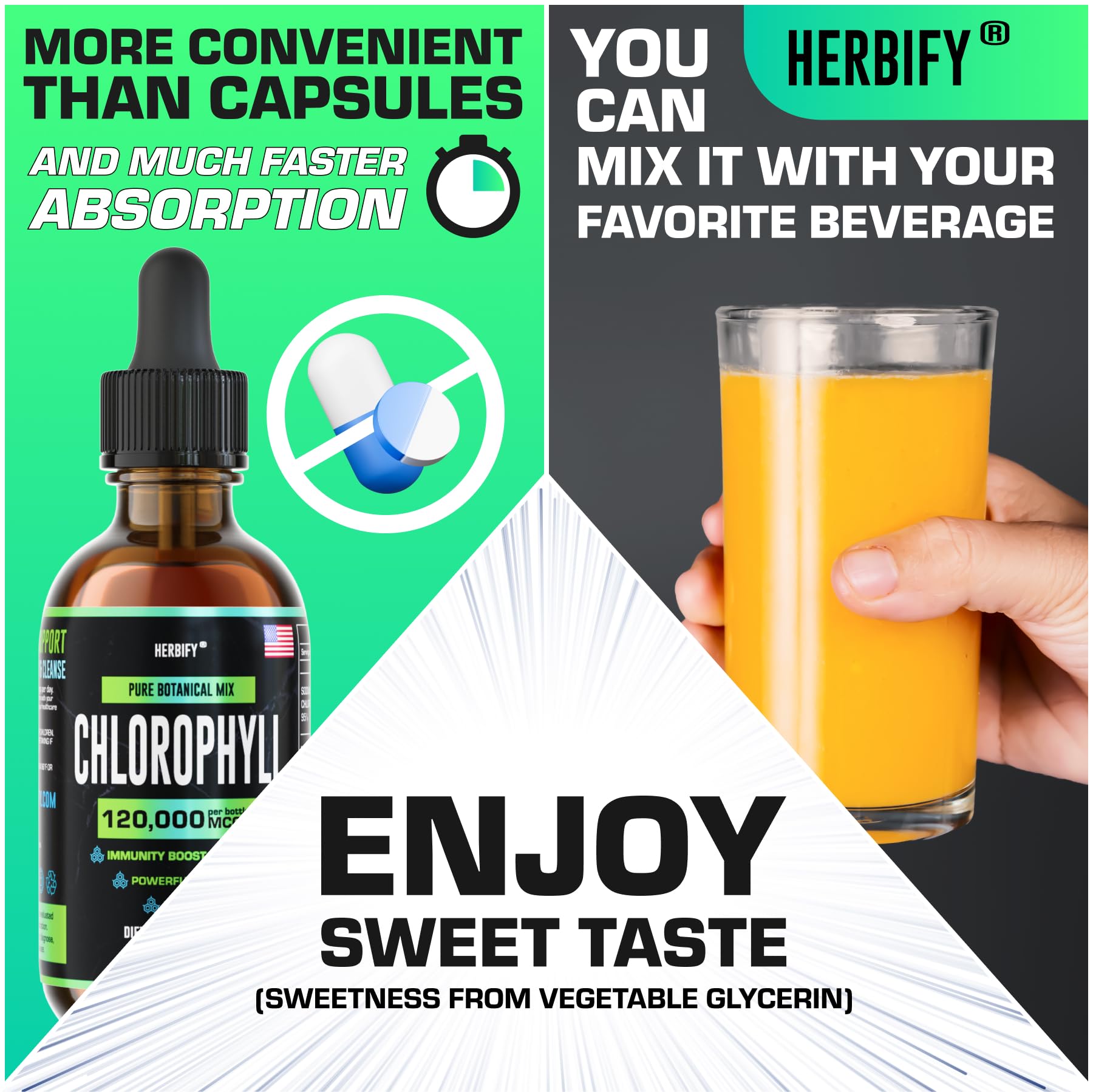 Ingrédients sauvages et purs HERBIFY chlorophylle, soutien immunitaire potentiel et peau saine.