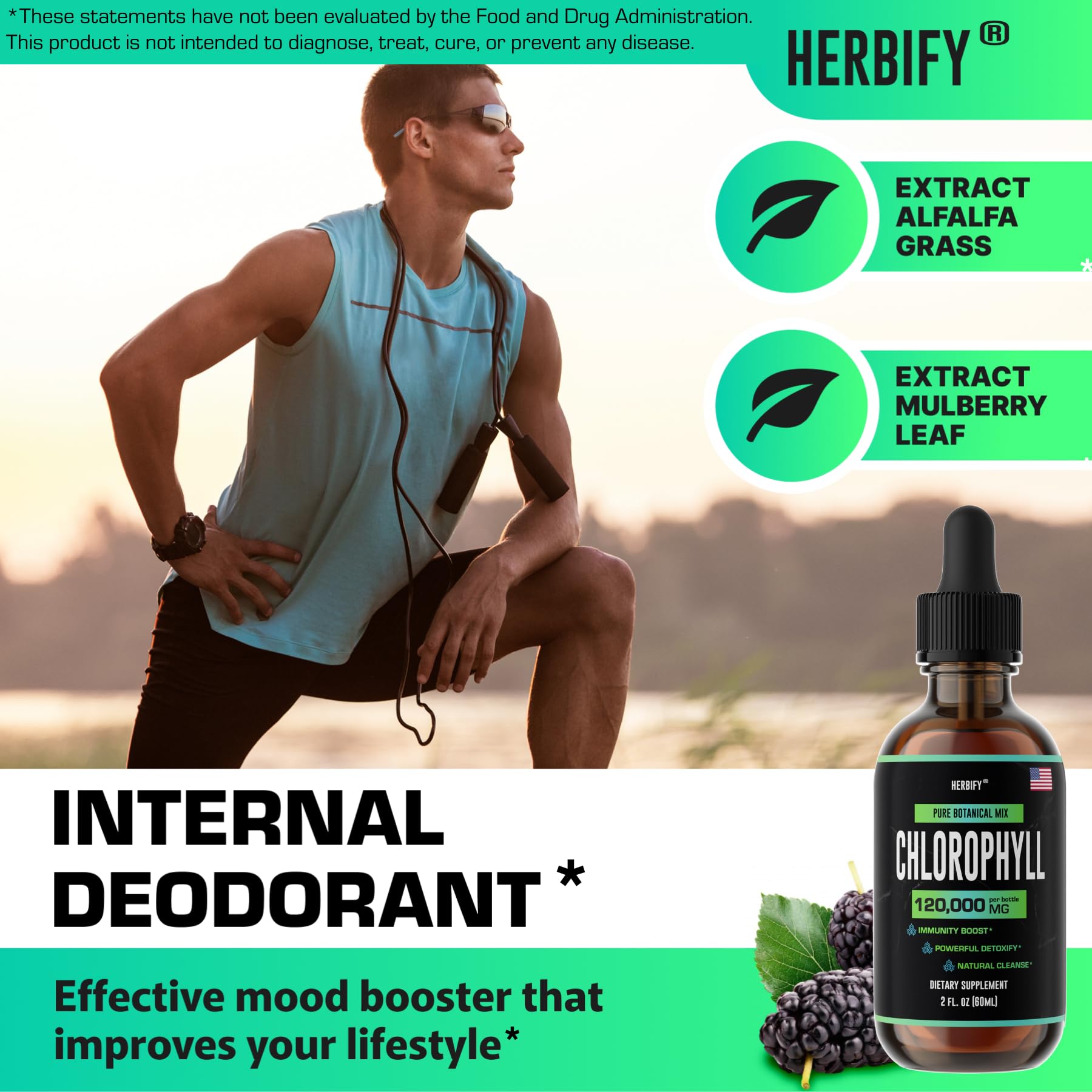 Liquide chlorophylle HERBIFY vert vif, impression de fraîcheur.