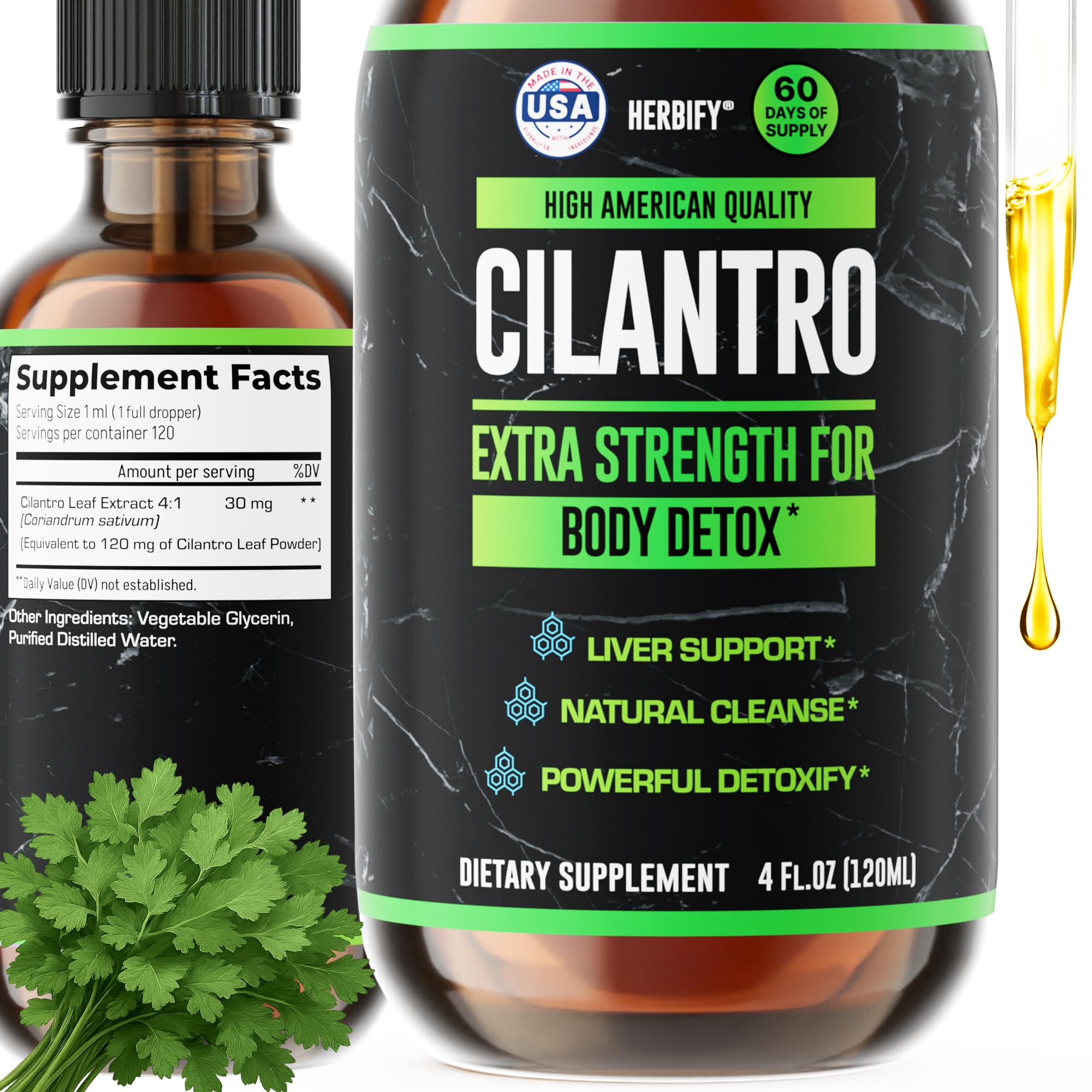 HERBIFY Cilantro Tincture, bouteille 4 onces, soutien détox et antioxydants pour le corps.