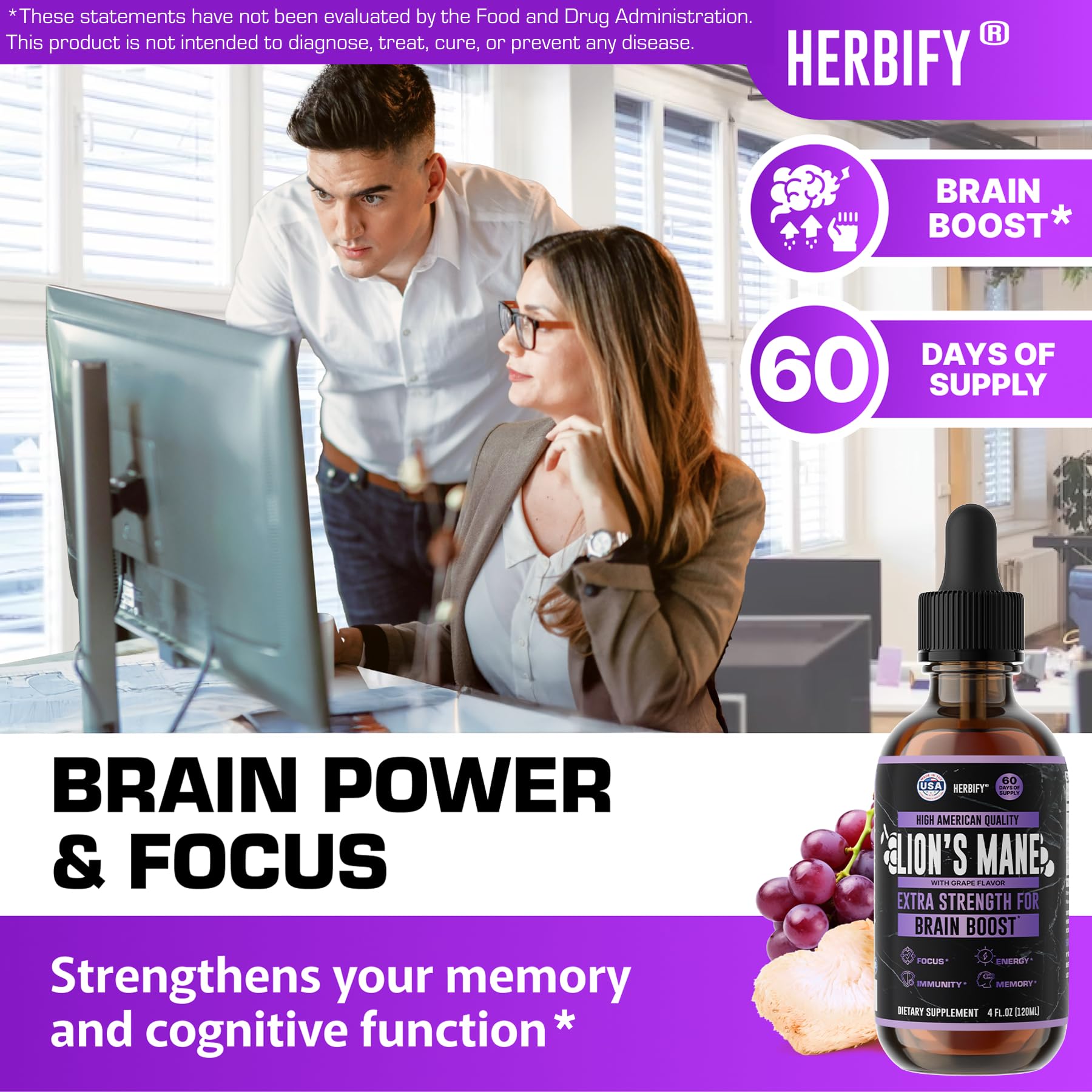 HERBIFY Crinière de Lion – étiquette saveur raisin, qualité.