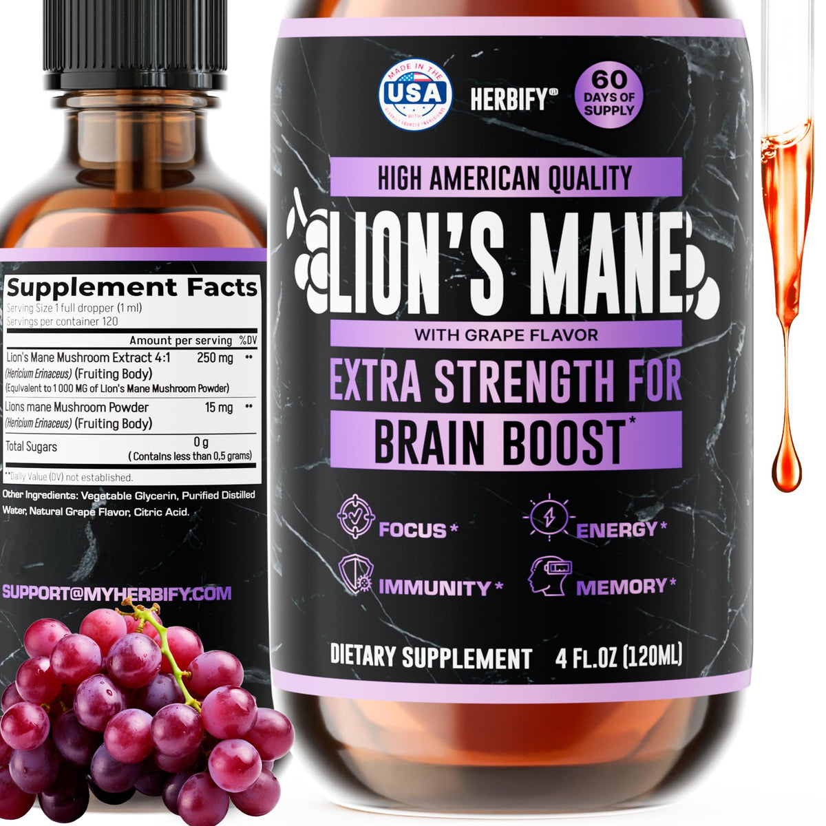 HERBIFY Crinière de Lion – flacon gouttes, utilisation quotidienne facilitée.