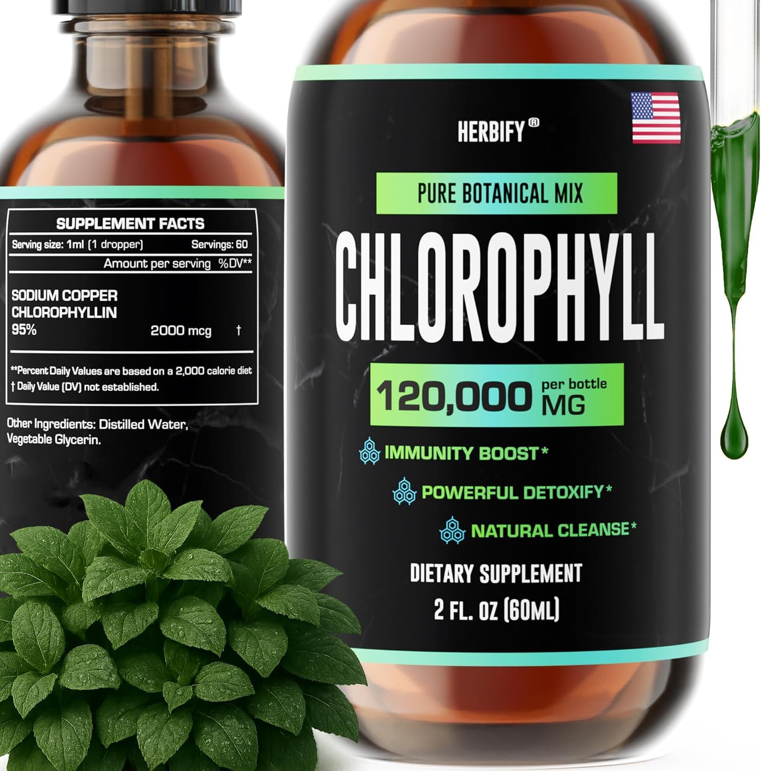 HERBIFY Gouttes de chlorophylle, flacon sur plan de travail, soutien énergétique potentiel.