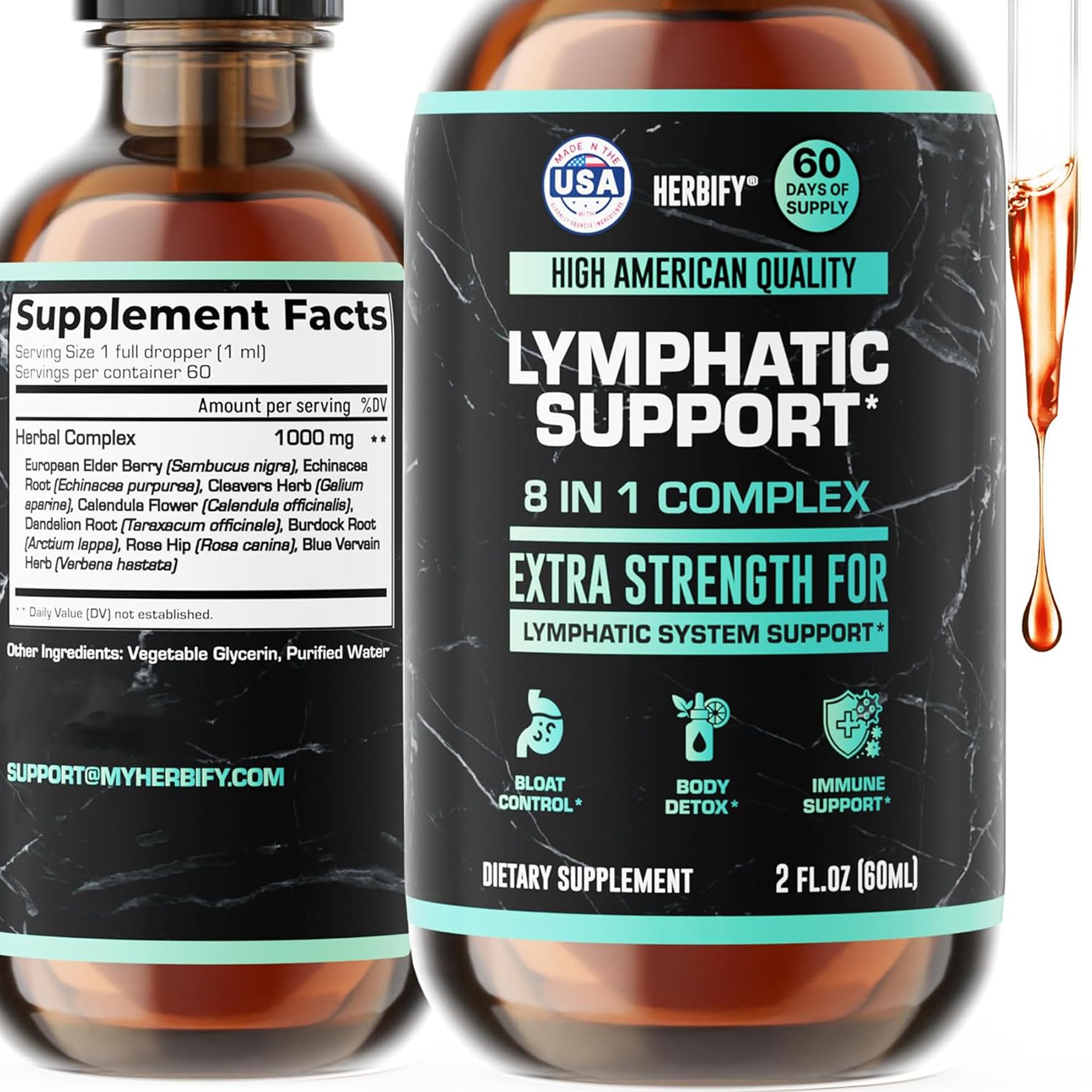 Gouttes HERBIFY – flacon et compte-gouttes facilitant le drainage lymphatique.