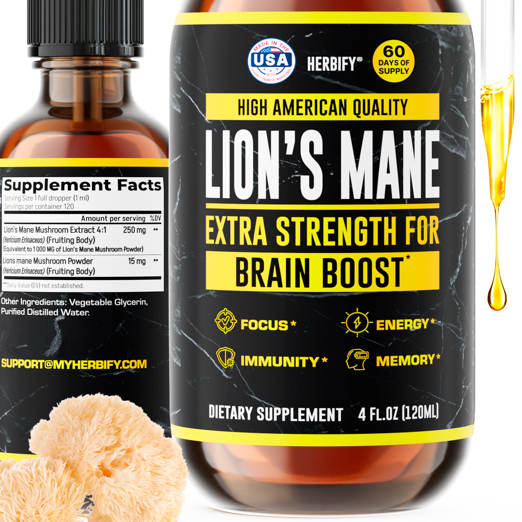 Herbify Lions Mane extrait dans une bouteille en verre pour concentration potentielle et clarté.