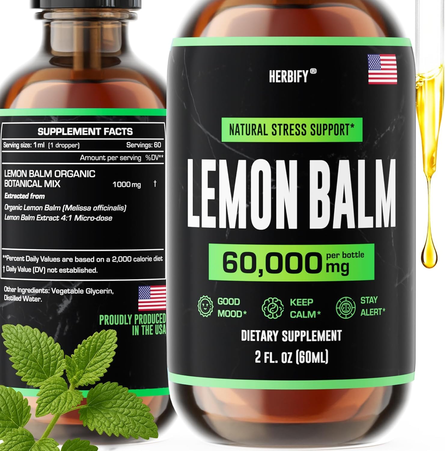 HERBIFY Mélisse officinale, bouteille-pipette, favorise la détente et le bien-être quotidien.