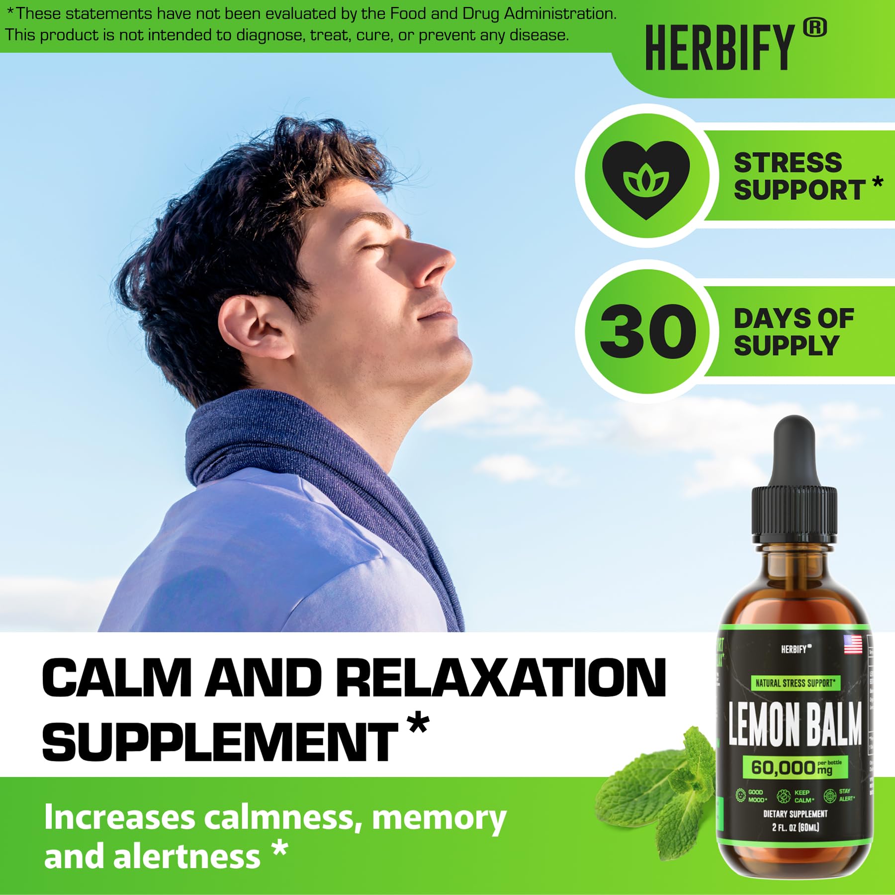 HERBIFY Mélisse officinale, étiquette recto, soutien potentiel du bien-être mental et de l'immunité.