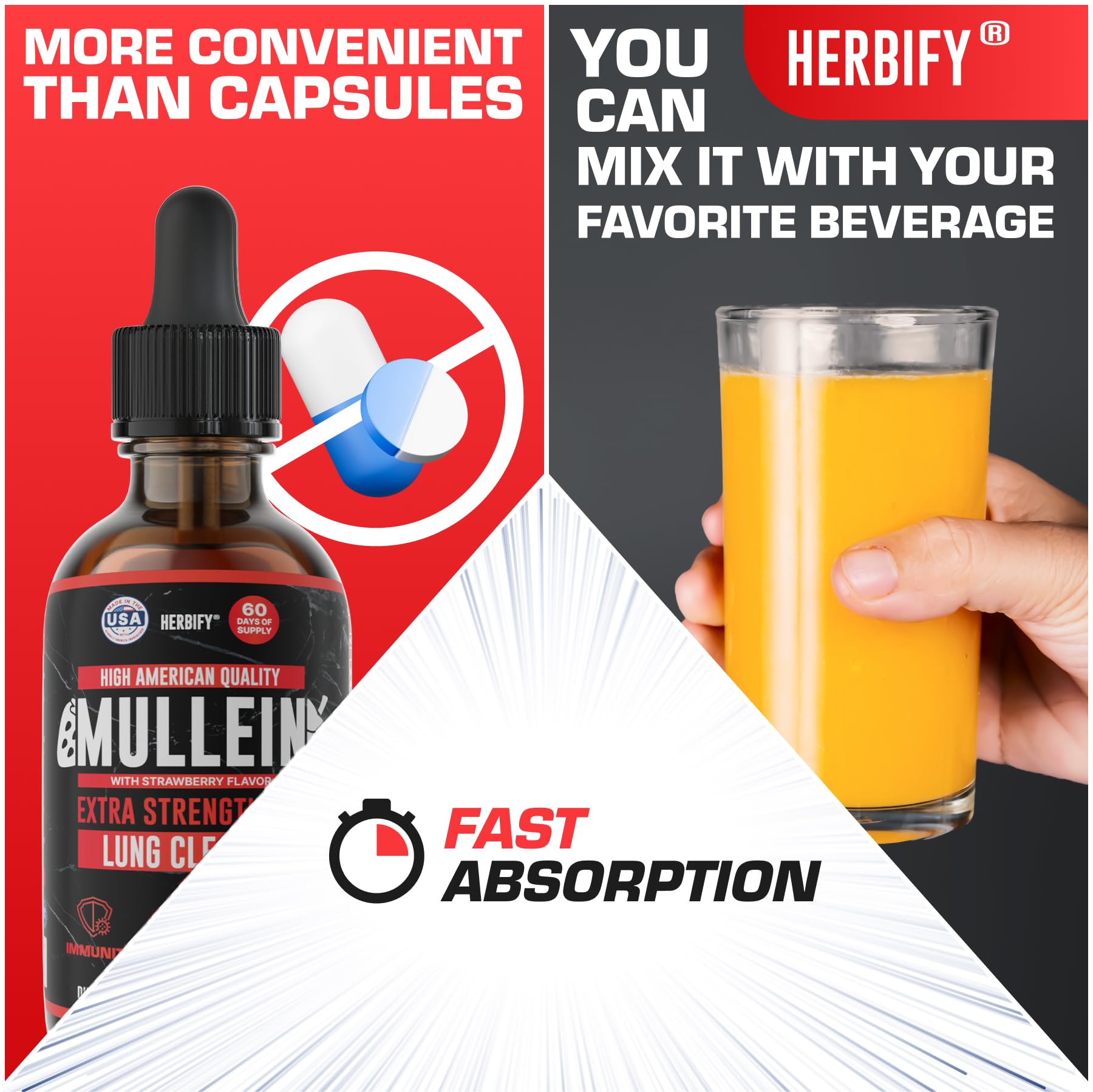 HERBIFY Mullein Drops, doseur intégré, facilité le dosage dans l’eau.