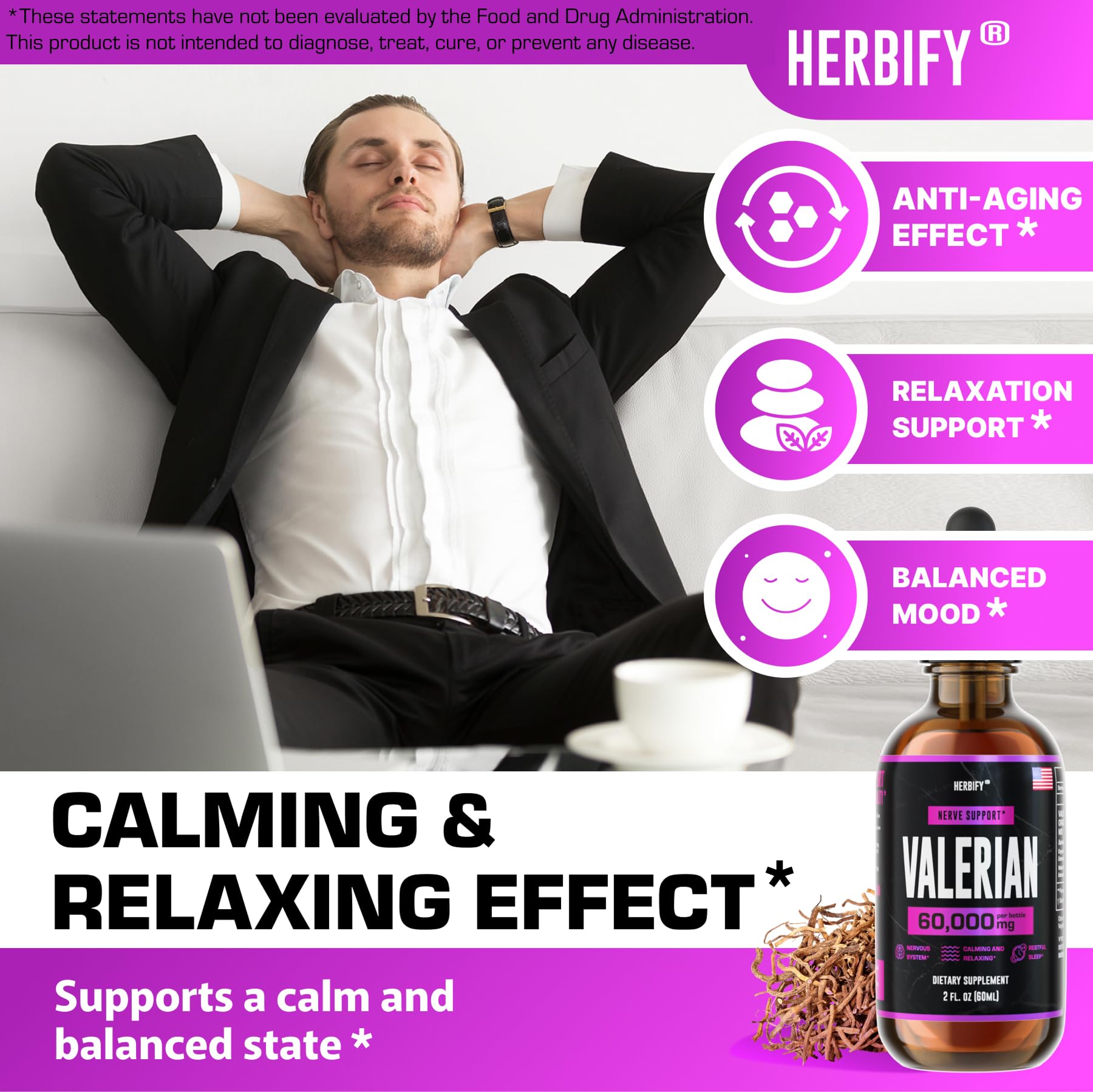 Fiole HERBIFY valeriane, indiquant qualité américaine et traçabilité.