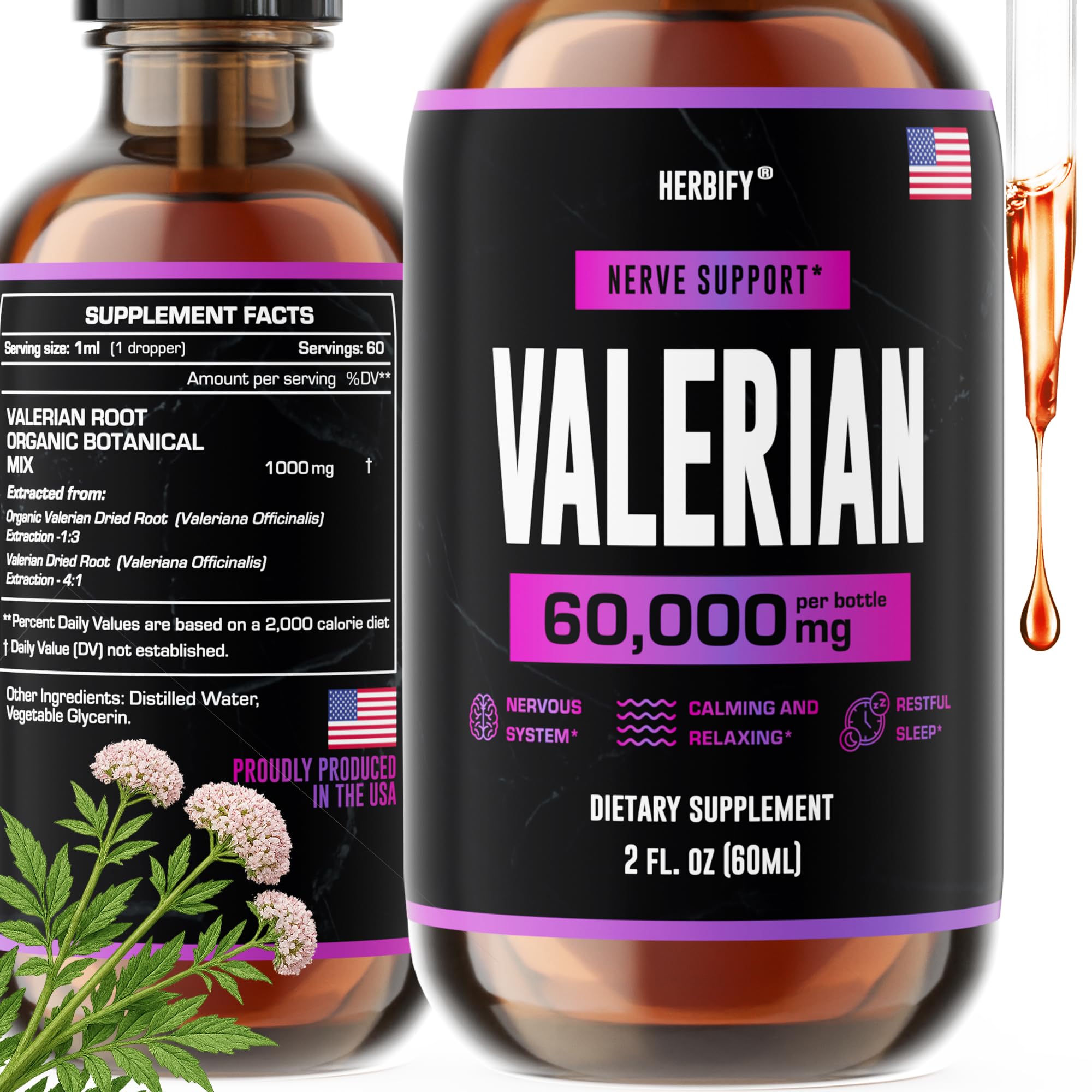 Gouttes HERBIFY valeriane dans la bouteille, favorisant un sommeil paisible.