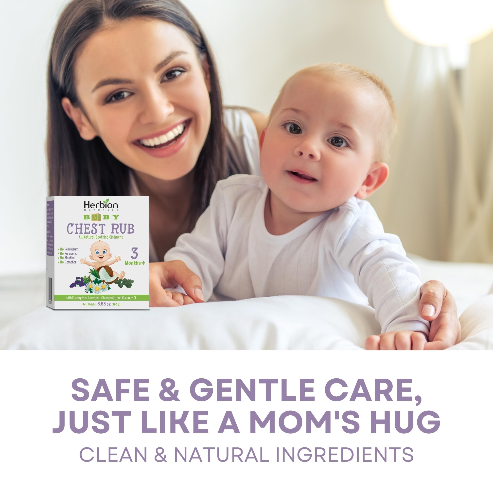 Herbion Baby Chest Rub sans pétrole, idéal pour peau sensible.