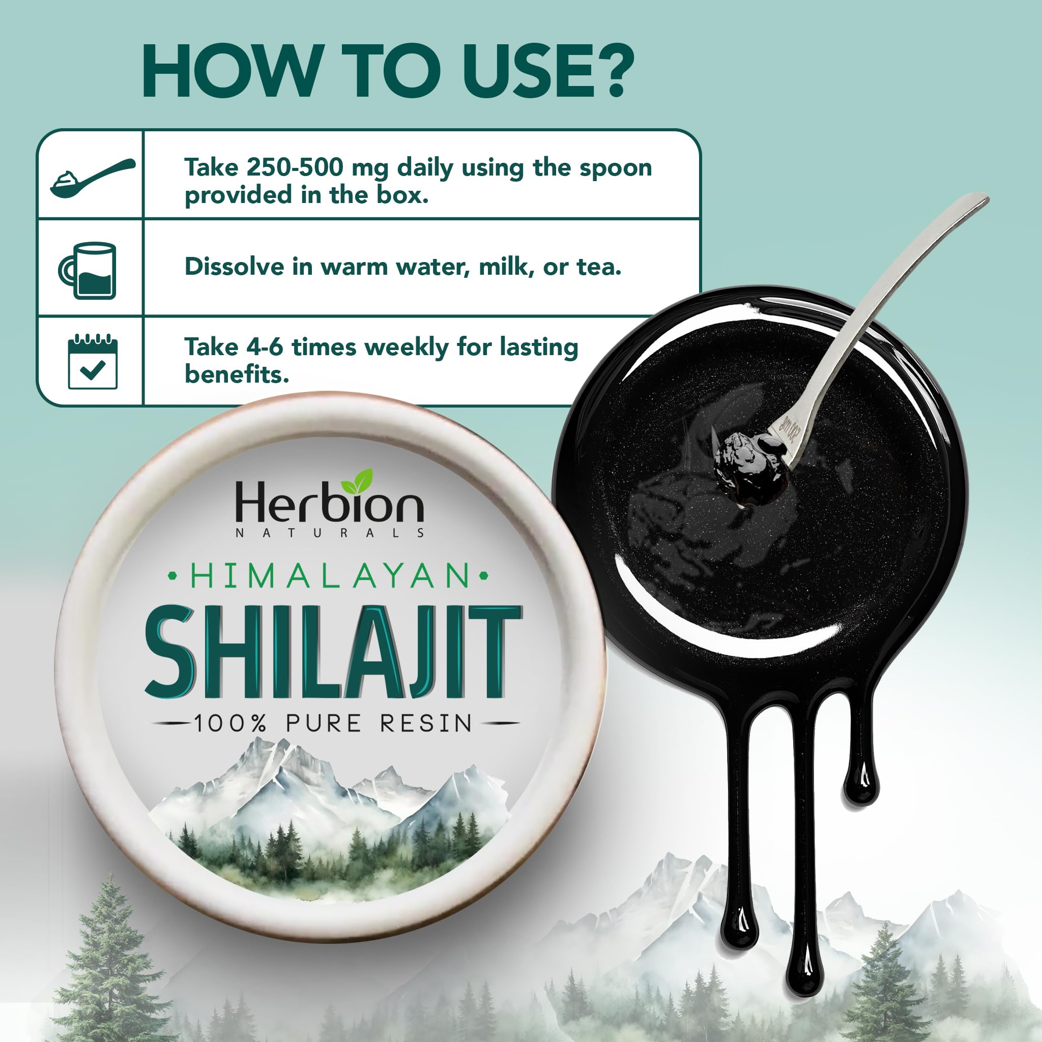 HERBION Shilajit emballage verre, voyage facile et stockage efficace.
