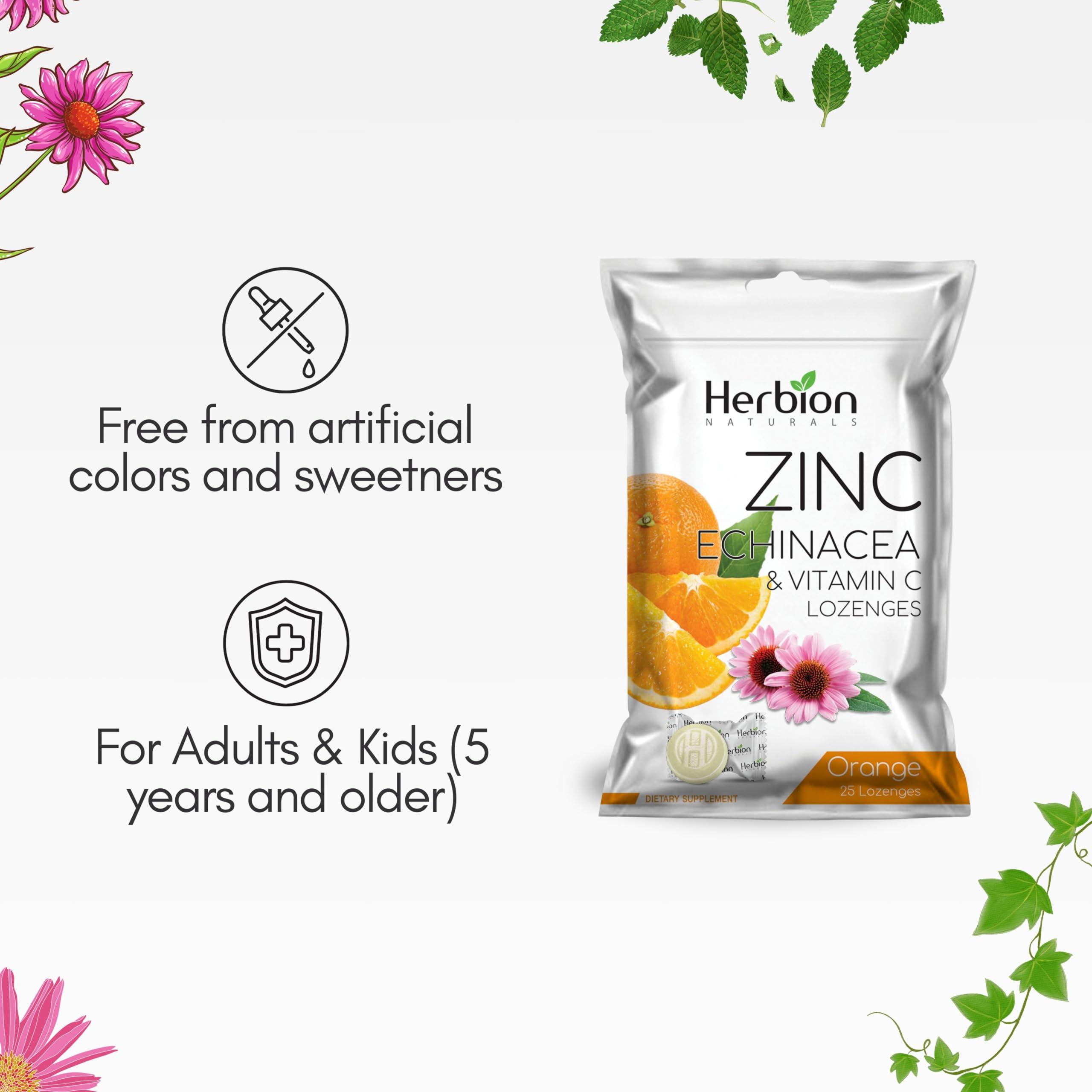Pastilles orange HERBION Naturals avec ingrédients naturels.