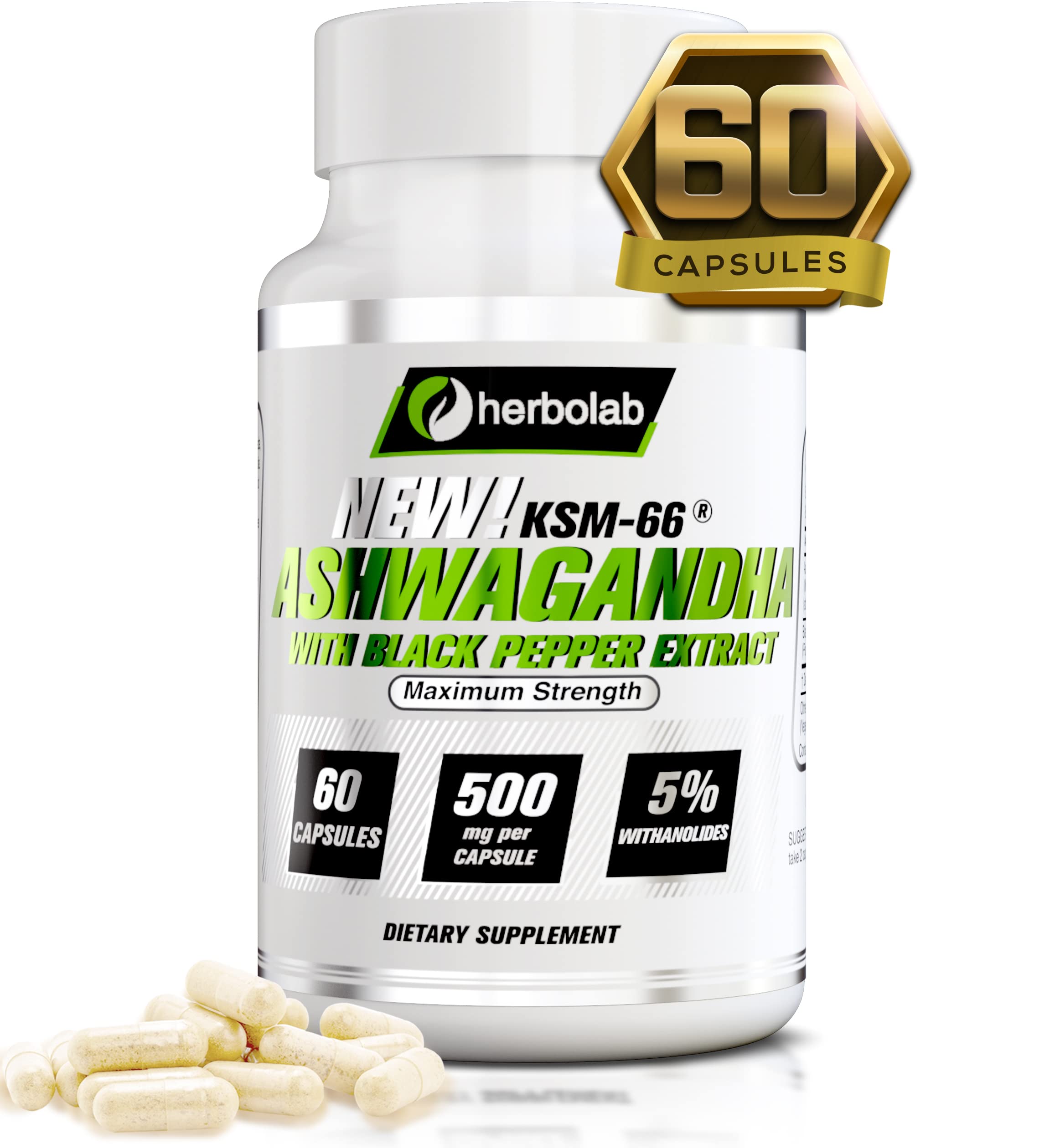 Herbolab Ashwagandha KSM66 bouteille : soutien quotidien et énergie naturelle.