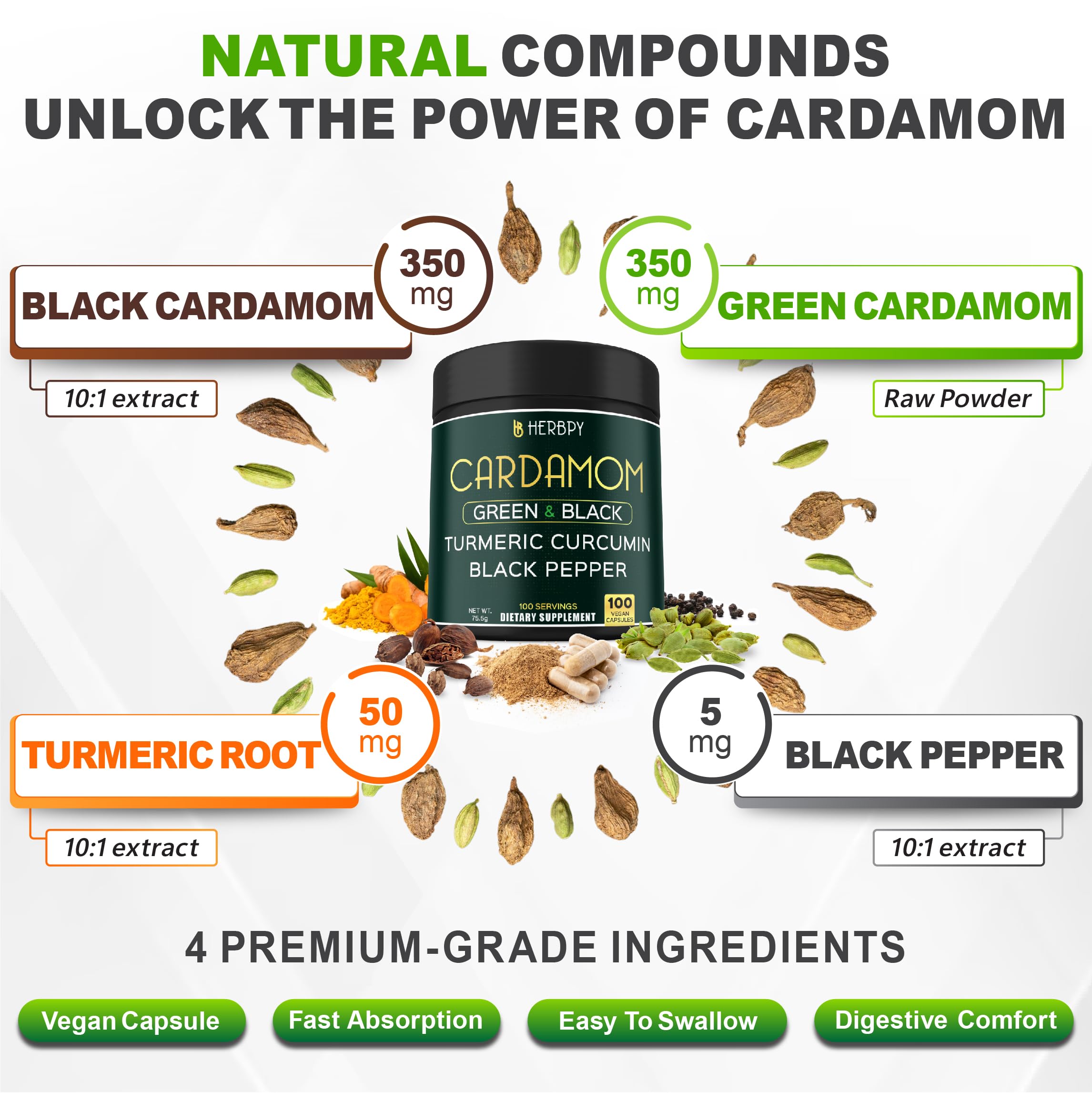 Herbpy Cardamome verte : graines vertes prêtes pour le quotidien et le soutien digestif.